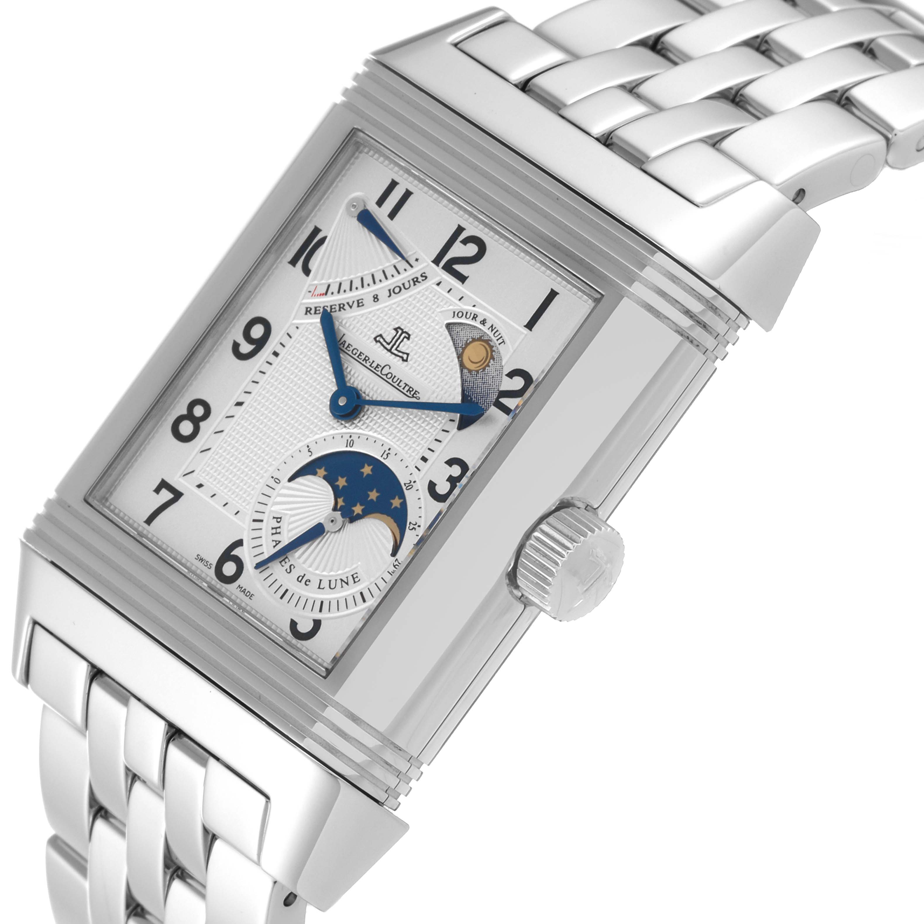 The image shows a Jaeger LeCoultre Reverso Q3048120 Men's Stainless Steel Silver Dial Q3048120 Men's Stainless Steel Silver Dial watch at an angle highlighting its dial, bezel, crown, and metal bracelet.