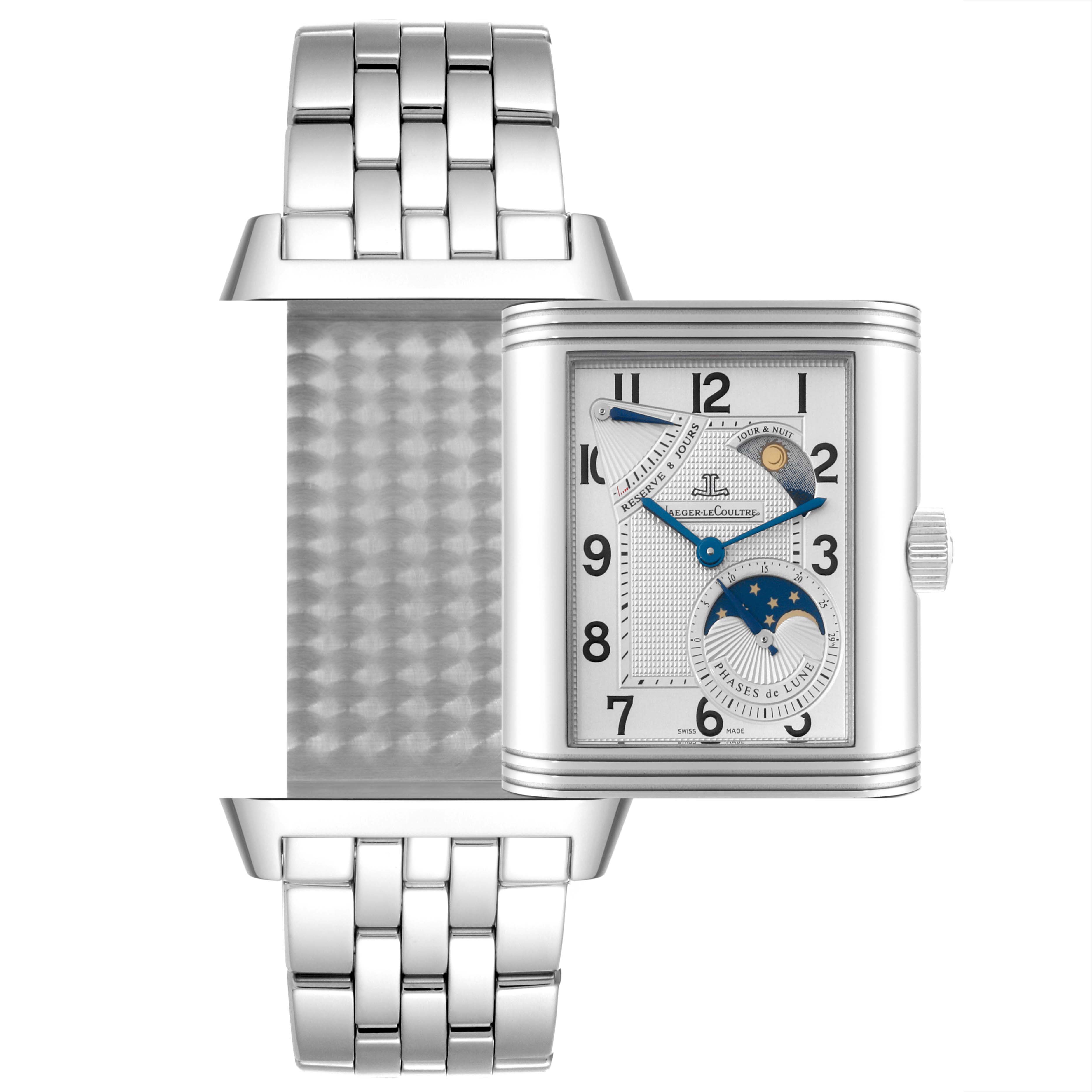The Reverso by Jaeger LeCoultre is shown in a frontal angle with its reversible watch face and part of its metal bracelet visible.