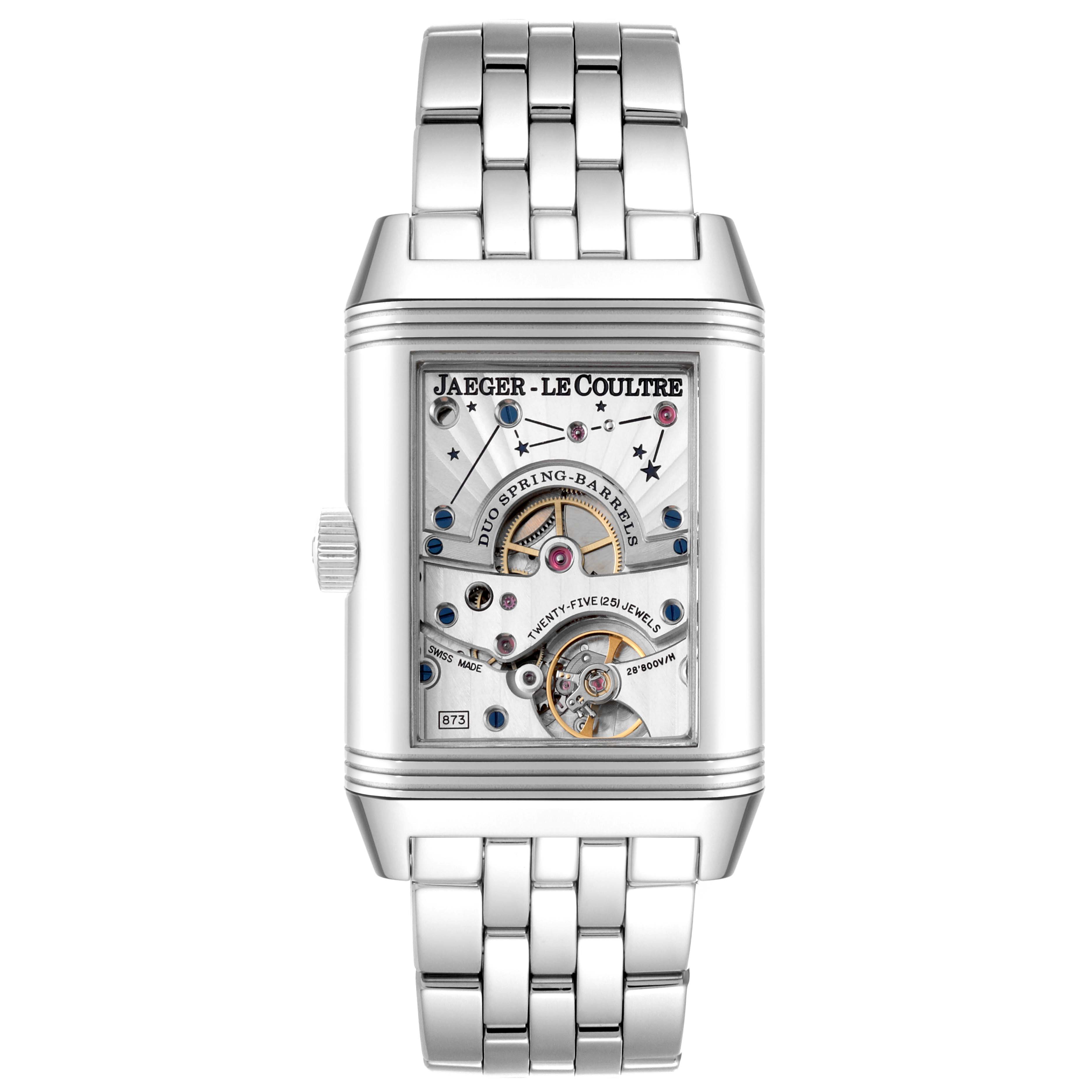 The image shows a Jaeger-LeCoultre Reverso watch at a front angle, showcasing its face and intricate internal mechanics.