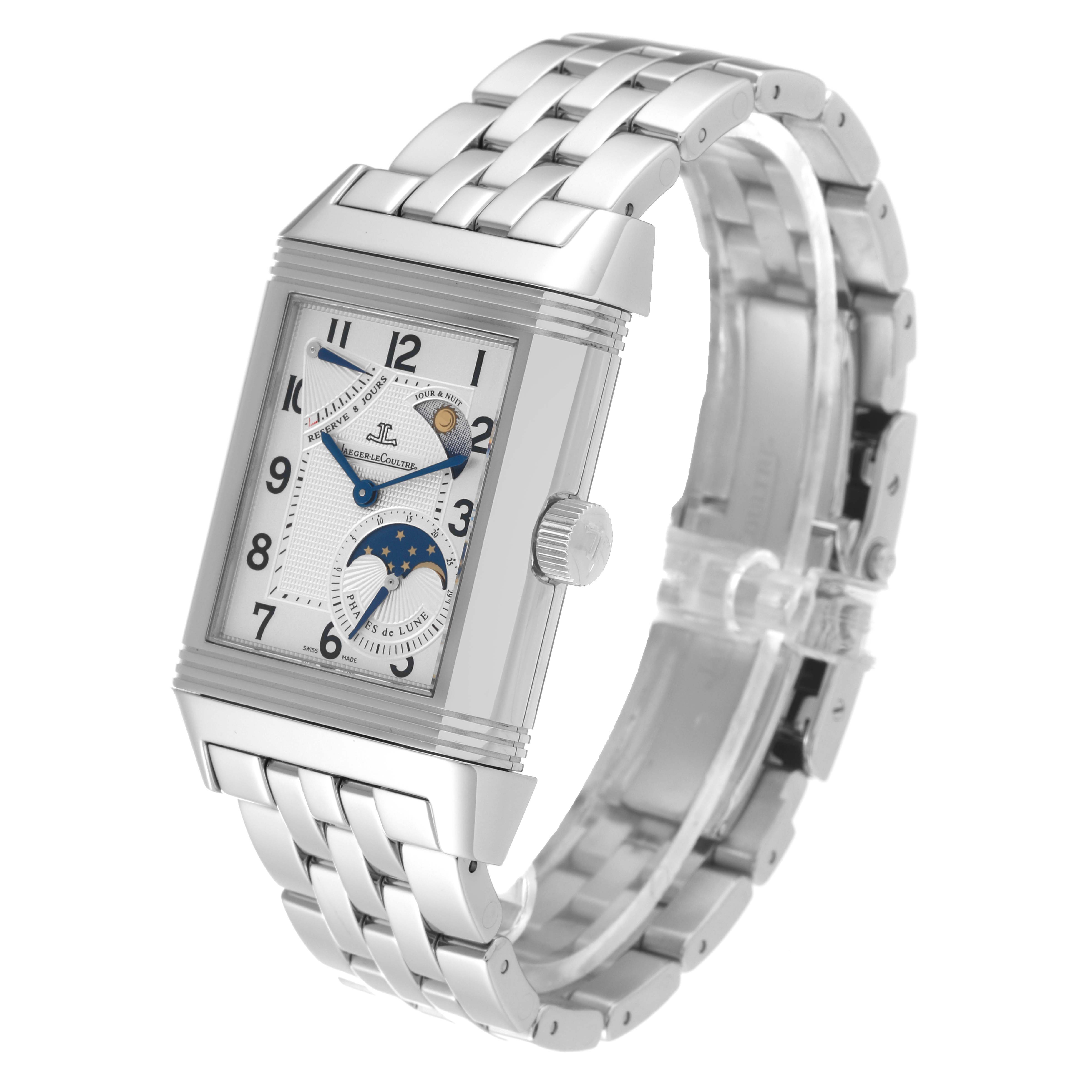 This image shows a Jaeger-LeCoultre Reverso model watch at a slight angle, highlighting its face, crown, and stainless steel bracelet.