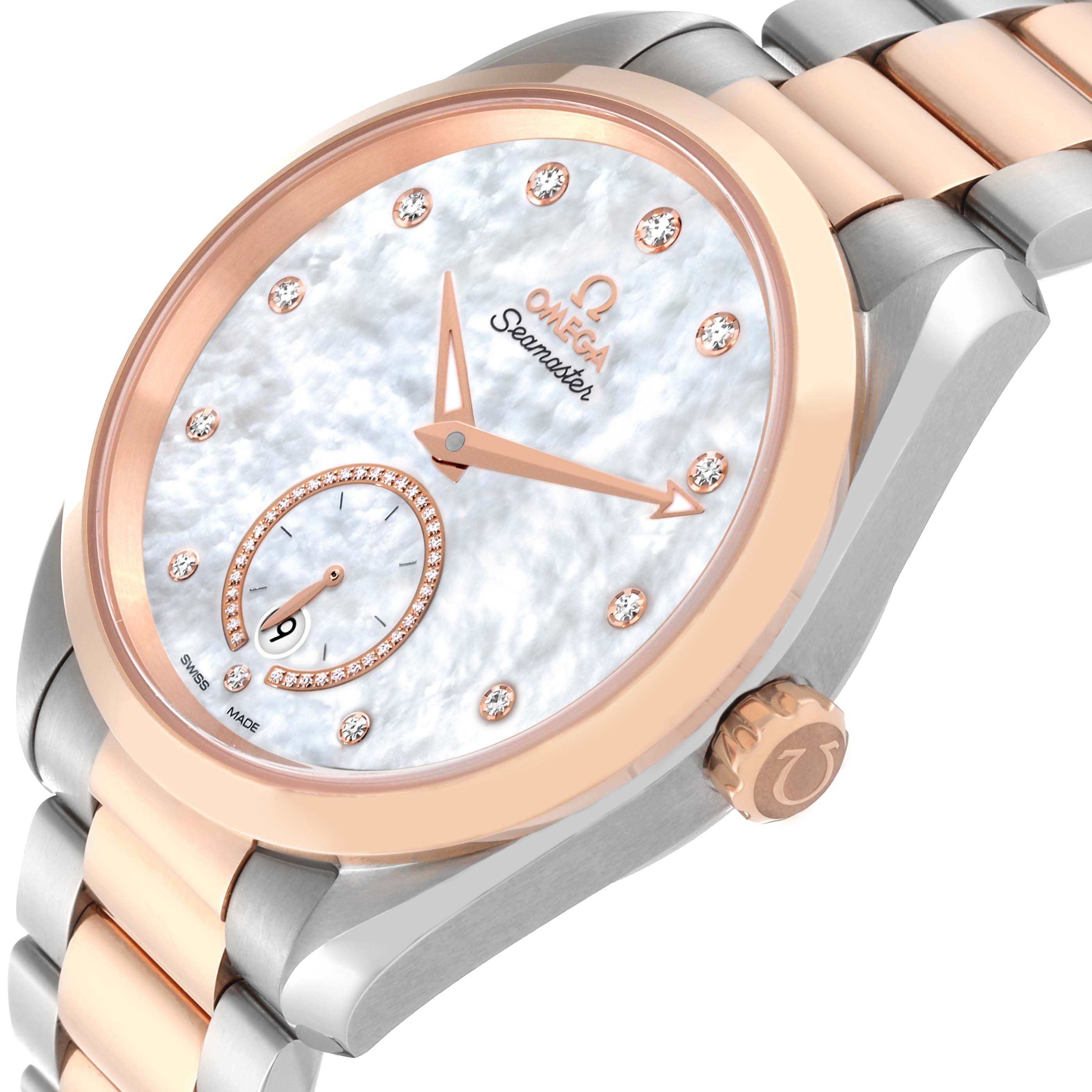 The Omega 220.20.38.20.55.002 Women's Steel and Gold (two tone) Mother of Pearl Dial 220.20.38.20.55.002 Women's Steel and Gold (two tone) Mother of Pearl Dial Aqua Terra Steel Rose Gold Mother Of Pearl Diamond Ladies Watch 220.20.38.20.55.002 is shown at a 45-degree angle focusing on the face, bezel, and partially the bracelet.