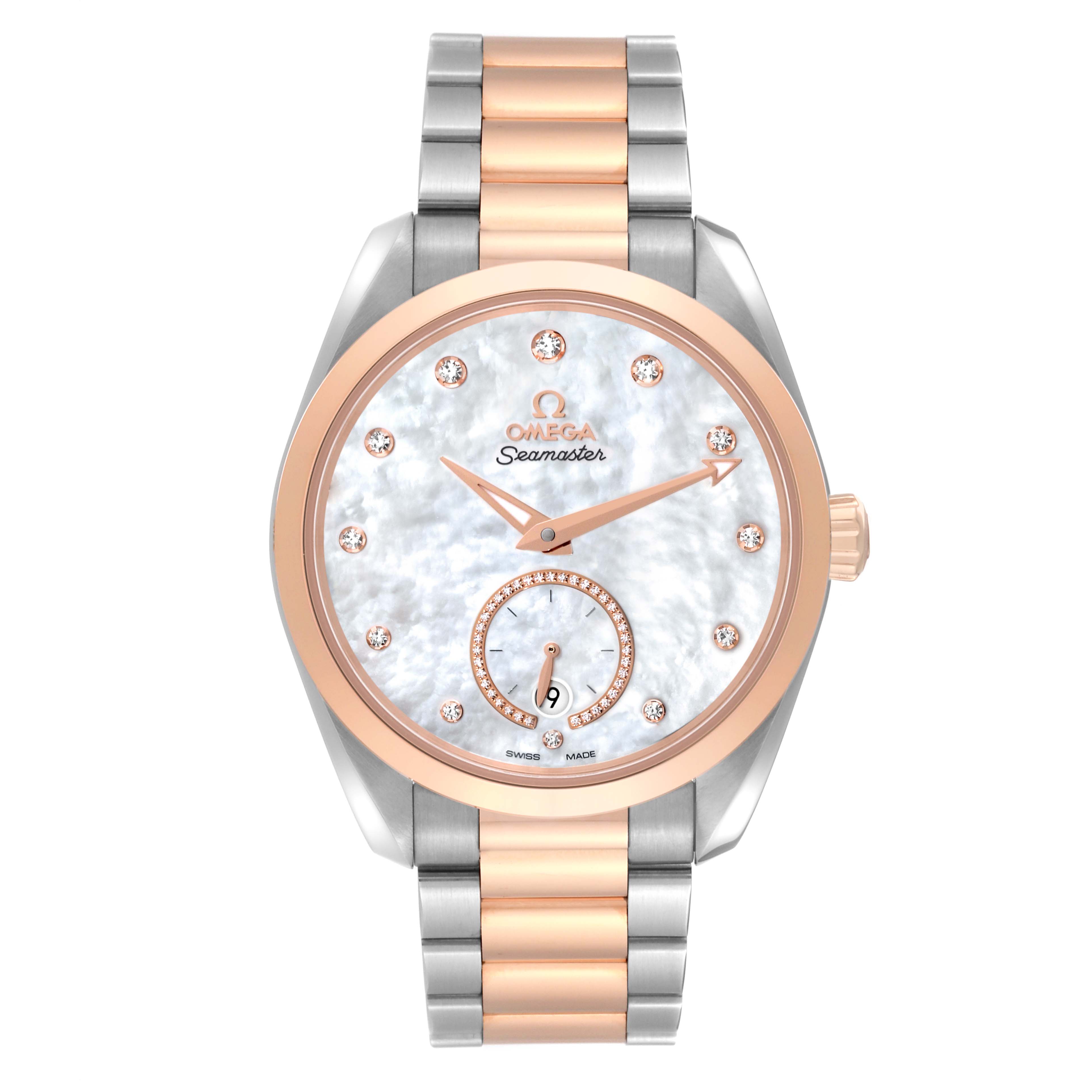 This Omega 220.20.38.20.55.002 Women's Steel and Gold (two tone) Mother of Pearl Dial 220.20.38.20.55.002 Women's Steel and Gold (two tone) Mother of Pearl Dial Aqua Terra Steel Rose Gold Mother Of Pearl Diamond Ladies Watch model 220.20.38.20.55.002 is shown from a front angle, displaying its face and bracelet.