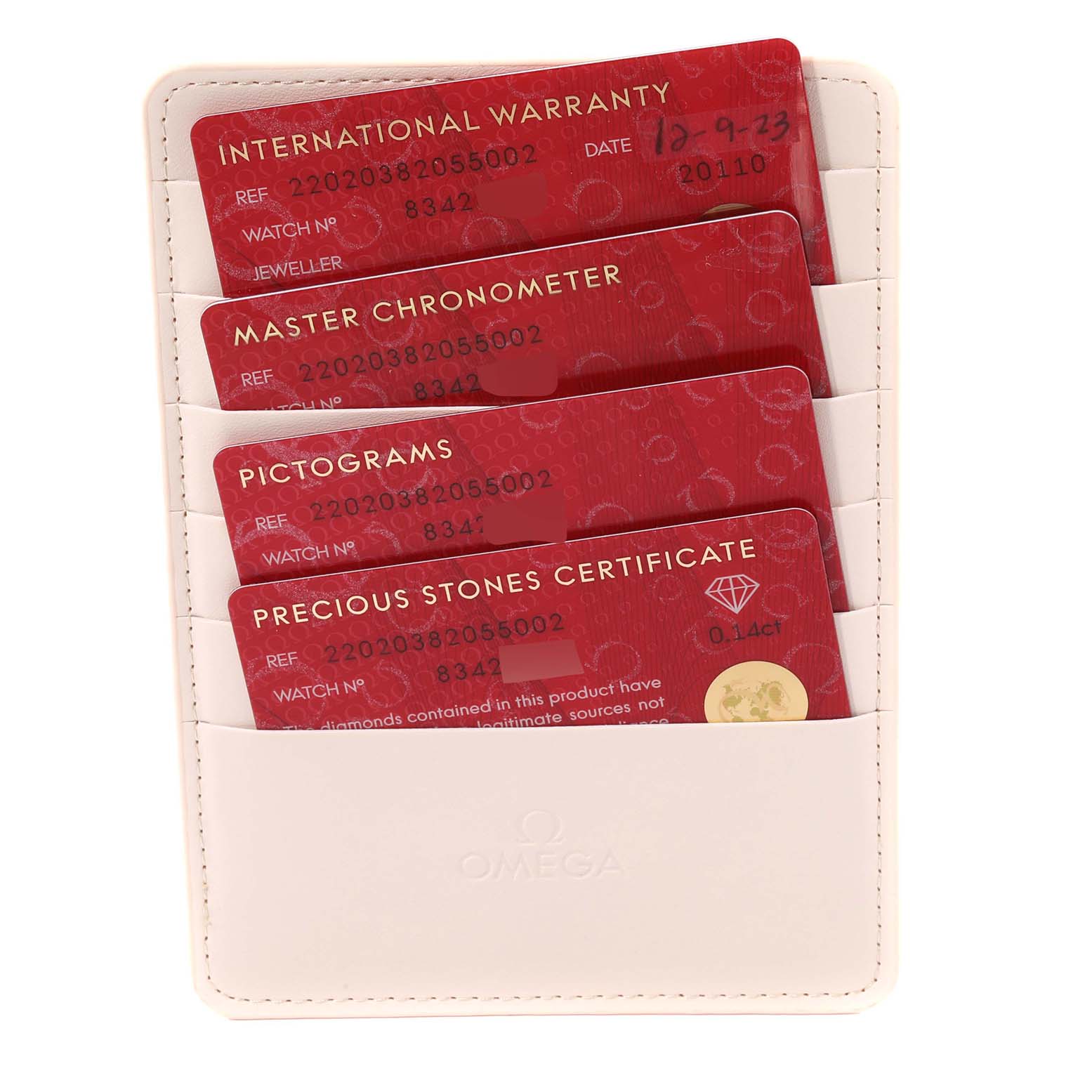 This image shows the warranty and certification cards for the Omega 220.20.38.20.55.002 Women's Steel and Gold (two tone) Mother of Pearl Dial 220.20.38.20.55.002 Women's Steel and Gold (two tone) Mother of Pearl Dial Aqua Terra Steel Rose Gold Mother Of Pearl Diamond Ladies Watch 220.20.38.20.55.002.