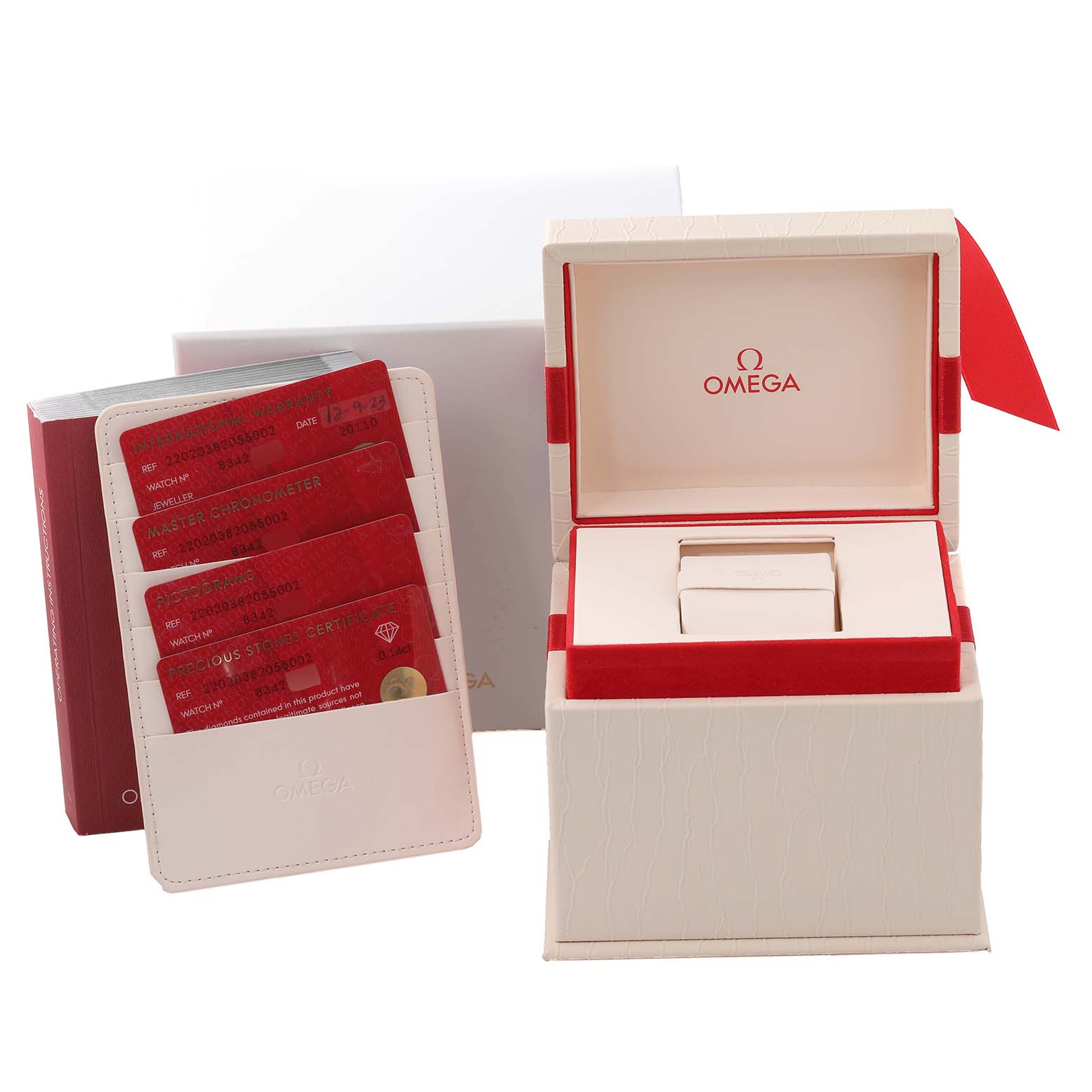 This image shows the open box and cards for the Omega 220.20.38.20.55.002 Women's Steel and Gold (two tone) Mother of Pearl Dial 220.20.38.20.55.002 Women's Steel and Gold (two tone) Mother of Pearl Dial Aqua Terra Steel Rose Gold Mother Of Pearl Diamond Ladies Watch 220.20.38.20.55.002.
