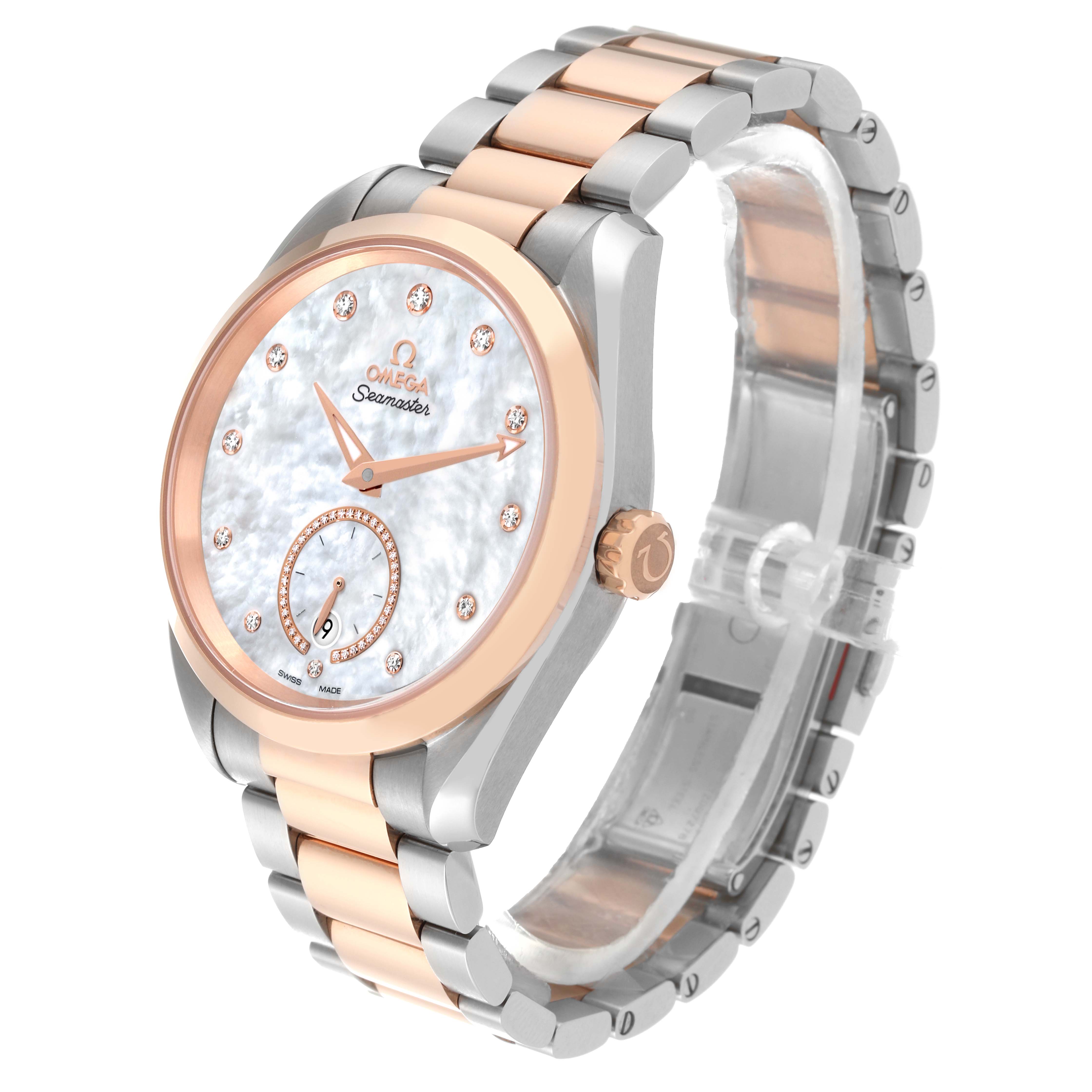 The Omega 220.20.38.20.55.002 Women's Steel and Gold (two tone) Mother of Pearl Dial 220.20.38.20.55.002 Women's Steel and Gold (two tone) Mother of Pearl Dial Aqua Terra Steel Rose Gold 220.20.38.20.55.002 watch is shown from a front-right angle, highlighting the dial, bezel, and bracelet.