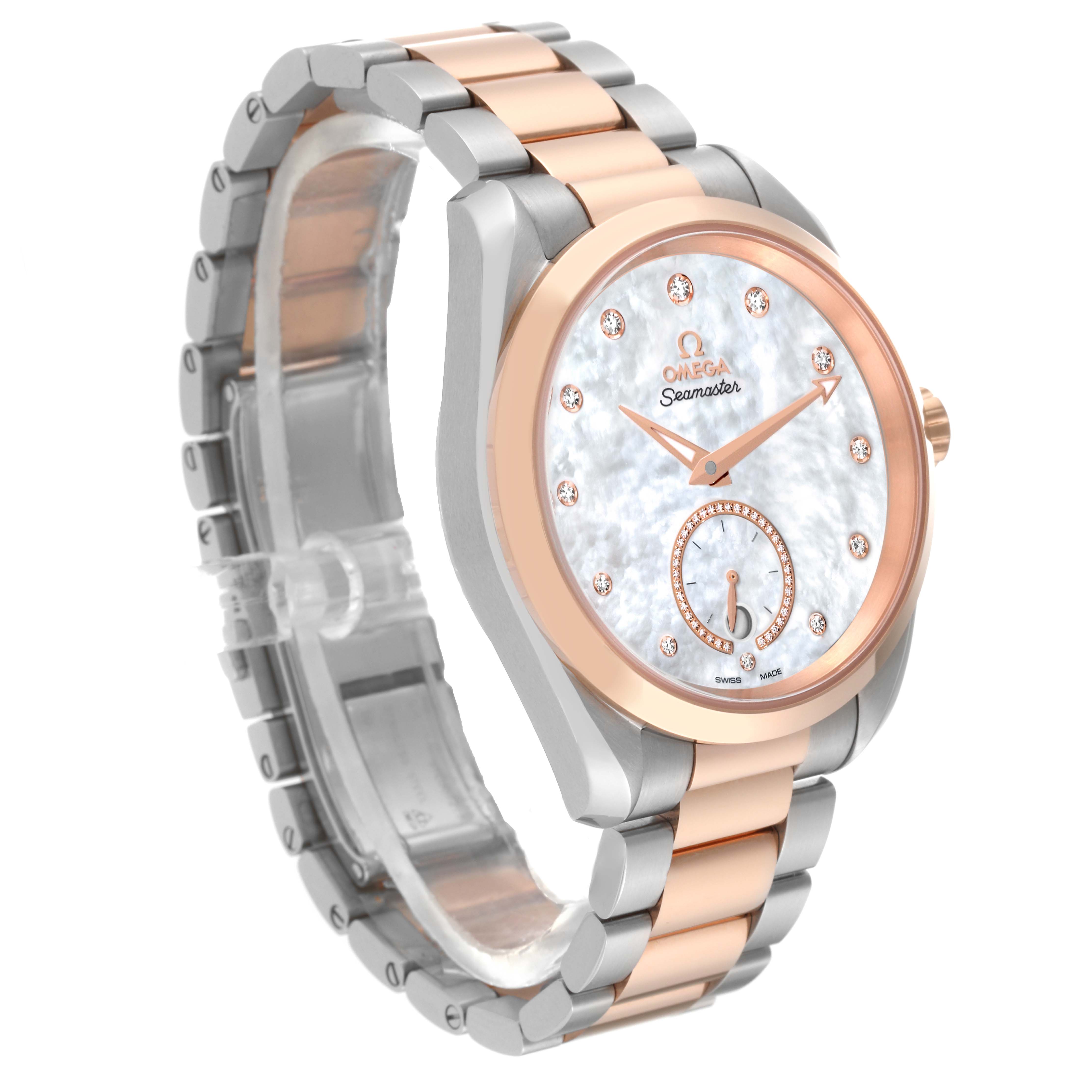 The image shows a side angle of an Omega 220.20.38.20.55.002 Women's Steel and Gold (two tone) Mother of Pearl Dial 220.20.38.20.55.002 Women's Steel and Gold (two tone) Mother of Pearl Dial Aqua Terra Steel Rose Gold Mother of Pearl Diamond Ladies Watch 220.20.38.20.55.002.