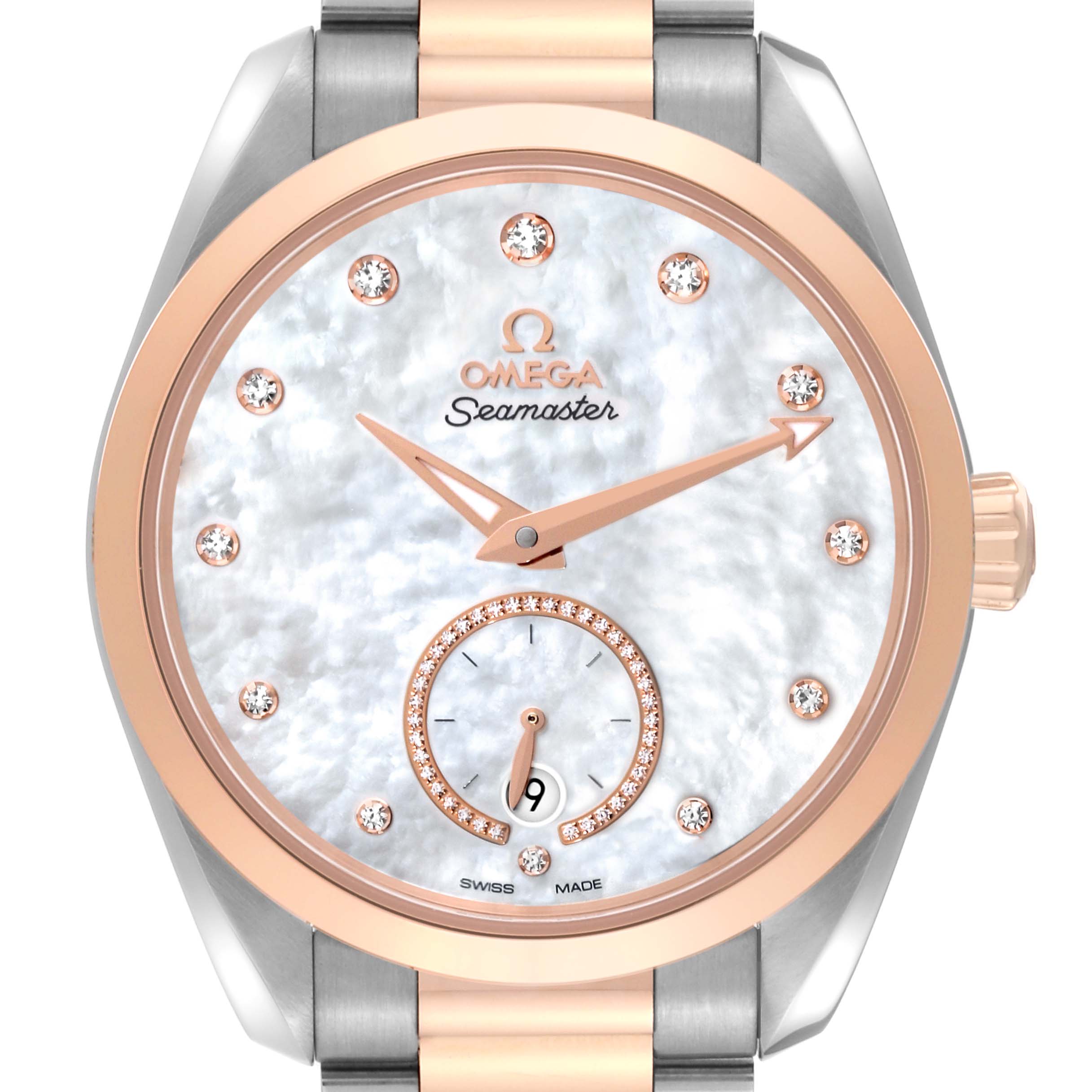 The image shows a front view of the Omega 220.20.38.20.55.002 Women's Steel and Gold (two tone) Mother of Pearl Dial 220.20.38.20.55.002 Women's Steel and Gold (two tone) Mother of Pearl Dial Aqua Terra Steel Rose Gold Mother Of Pearl Diamond Ladies Watch 220.20.38.20.55.002 with the face and bezel.