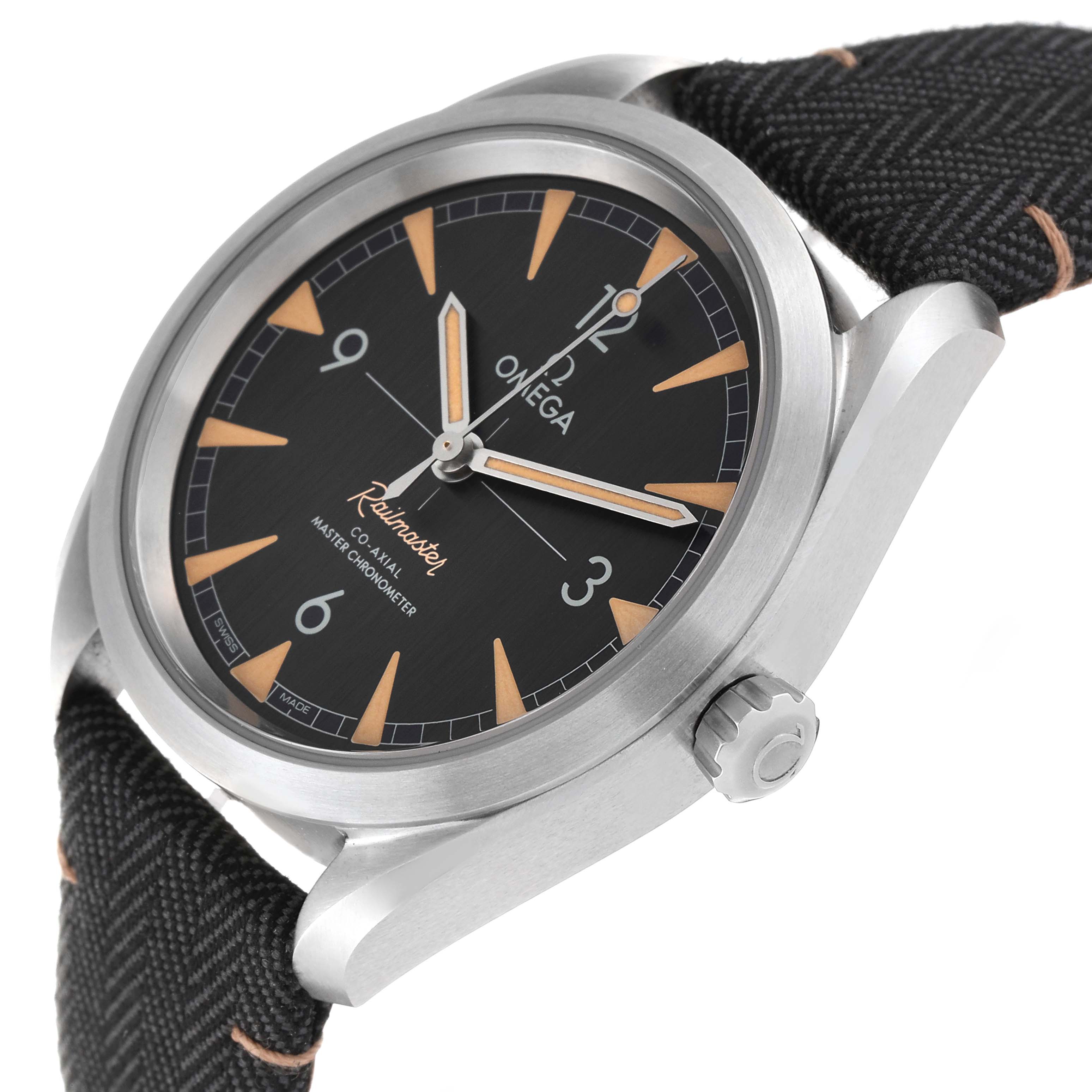 The Omega Seamaster 220.10.40.20.01.001 Men
s Stainless Steel Black Dial 220.10.40.20.01.001 Men
s Stainless Steel Black Dial watch is shown from a side angle, highlighting the dial, hands, bezel, and crown.
