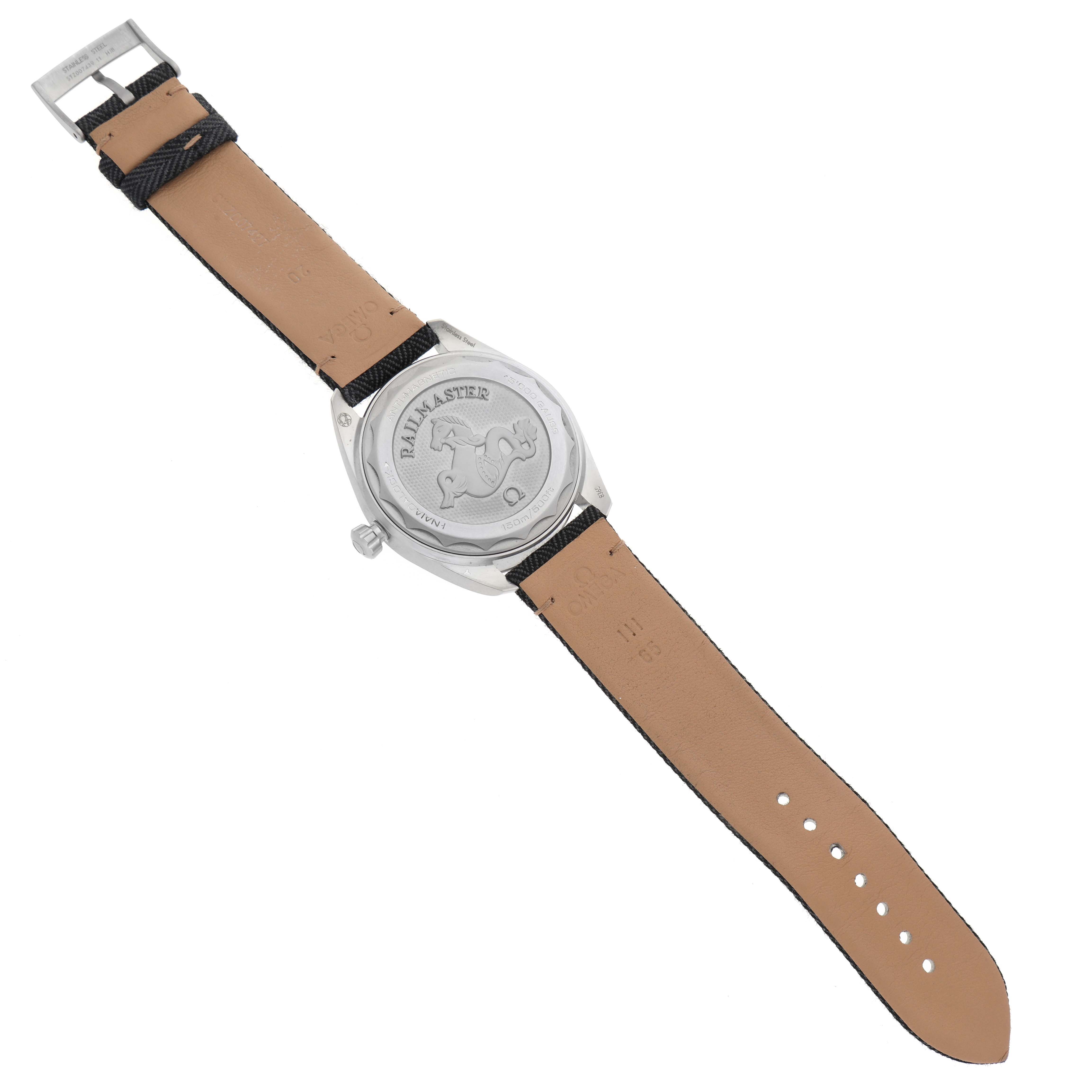 The image shows the back of an Omega Seamaster 220.10.40.20.01.001 Men
s Stainless Steel Black Dial 220.10.40.20.01.001 Men
s Stainless Steel Black Dial watch, highlighting its case back and leather strap.