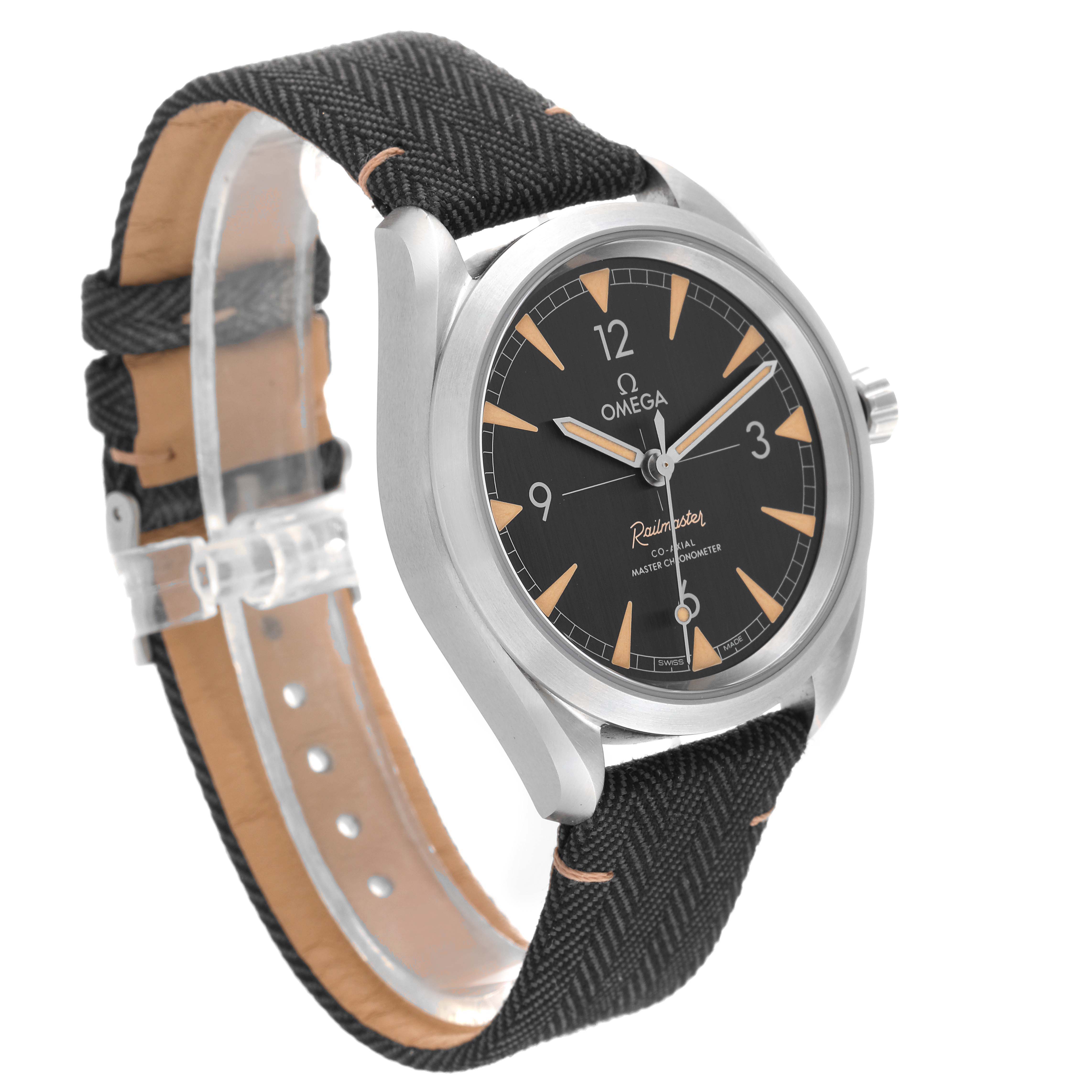 The Omega Seamaster 220.10.40.20.01.001 Men
s Stainless Steel Black Dial 220.10.40.20.01.001 Men
s Stainless Steel Black Dial watch is shown from a three-quarter angle, highlighting the watch face, bezel, crown, and strap.