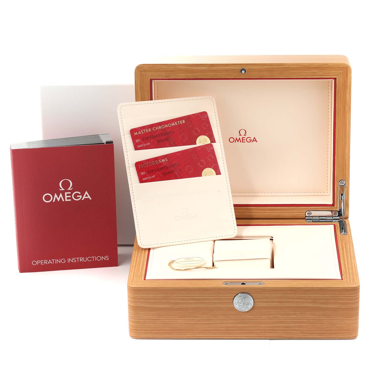 The image shows an Omega Seamaster 220.10.40.20.01.001 Men
s Stainless Steel Black Dial 220.10.40.20.01.001 Men
s Stainless Steel Black Dial watch box, instruction manual, warranty cards, and a display of the open wooden box.