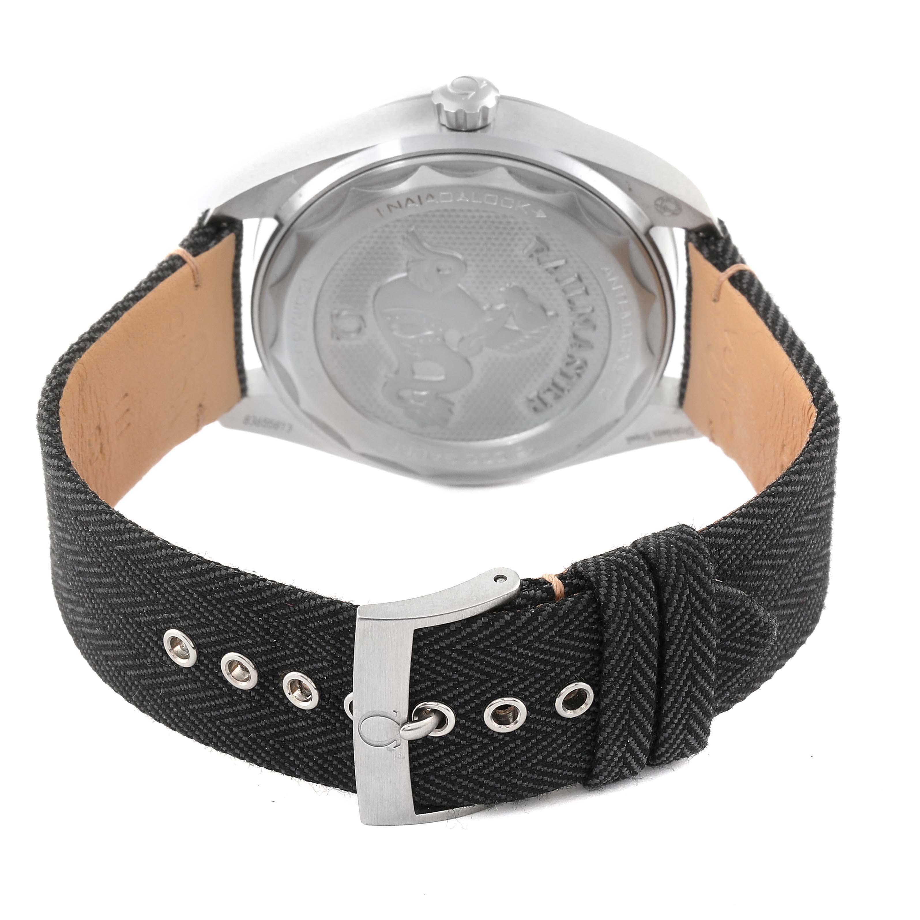 The image shows the back view of an Omega Seamaster 220.10.40.20.01.001 Men
s Stainless Steel Black Dial 220.10.40.20.01.001 Men
s Stainless Steel Black Dial watch, highlighting its case back and fabric strap with a metal buckle.