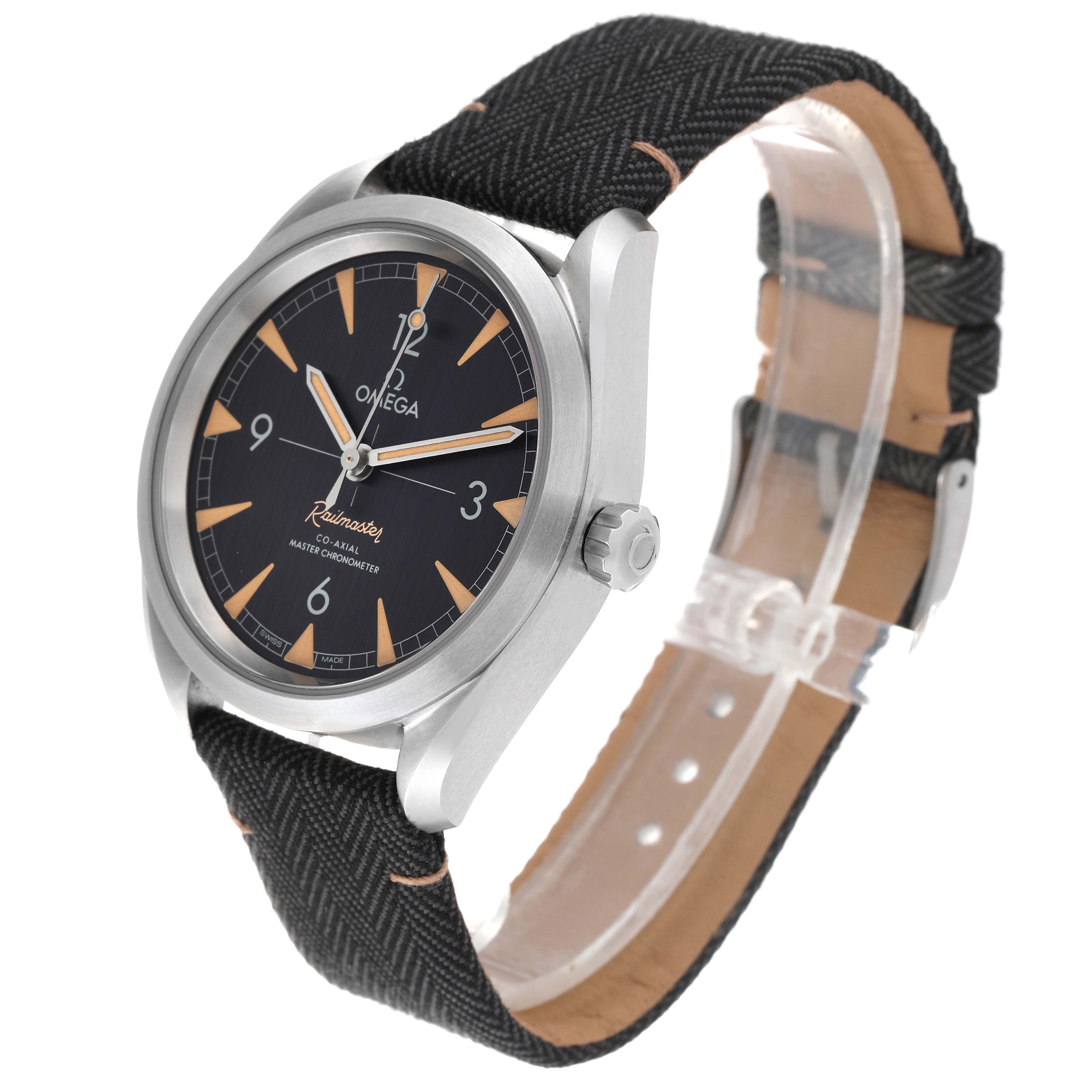 The Omega Seamaster 220.10.40.20.01.001 Men
s Stainless Steel Black Dial 220.10.40.20.01.001 Men
s Stainless Steel Black Dial watch is shown at a three-quarter angle, displaying the face, bezel, crown, and strap.