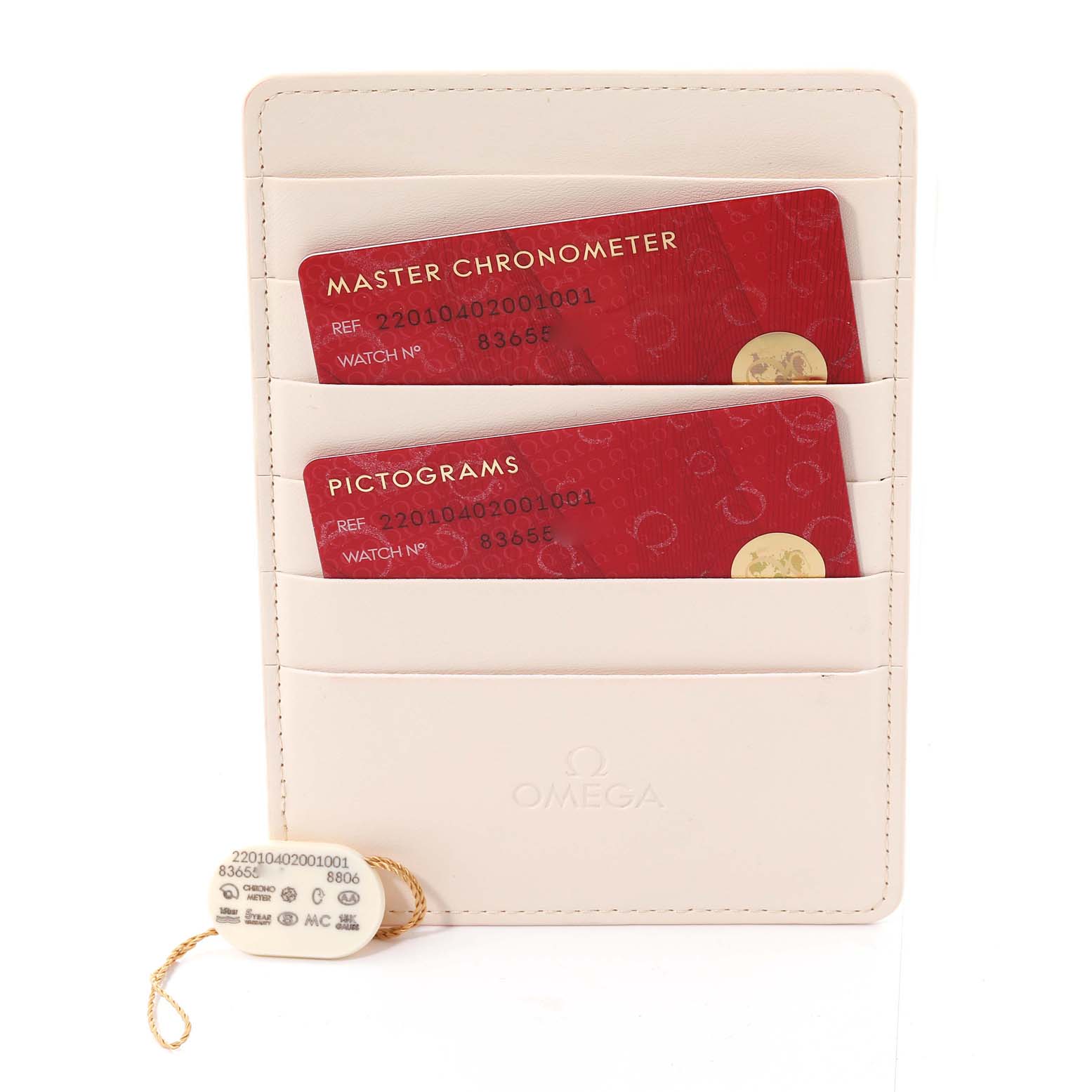 The image shows an Omega Seamaster 220.10.40.20.01.001 Men
s Stainless Steel Black Dial 220.10.40.20.01.001 Men
s Stainless Steel Black Dial model
s accessories, including a white cardholder with red certification cards and a white tag.