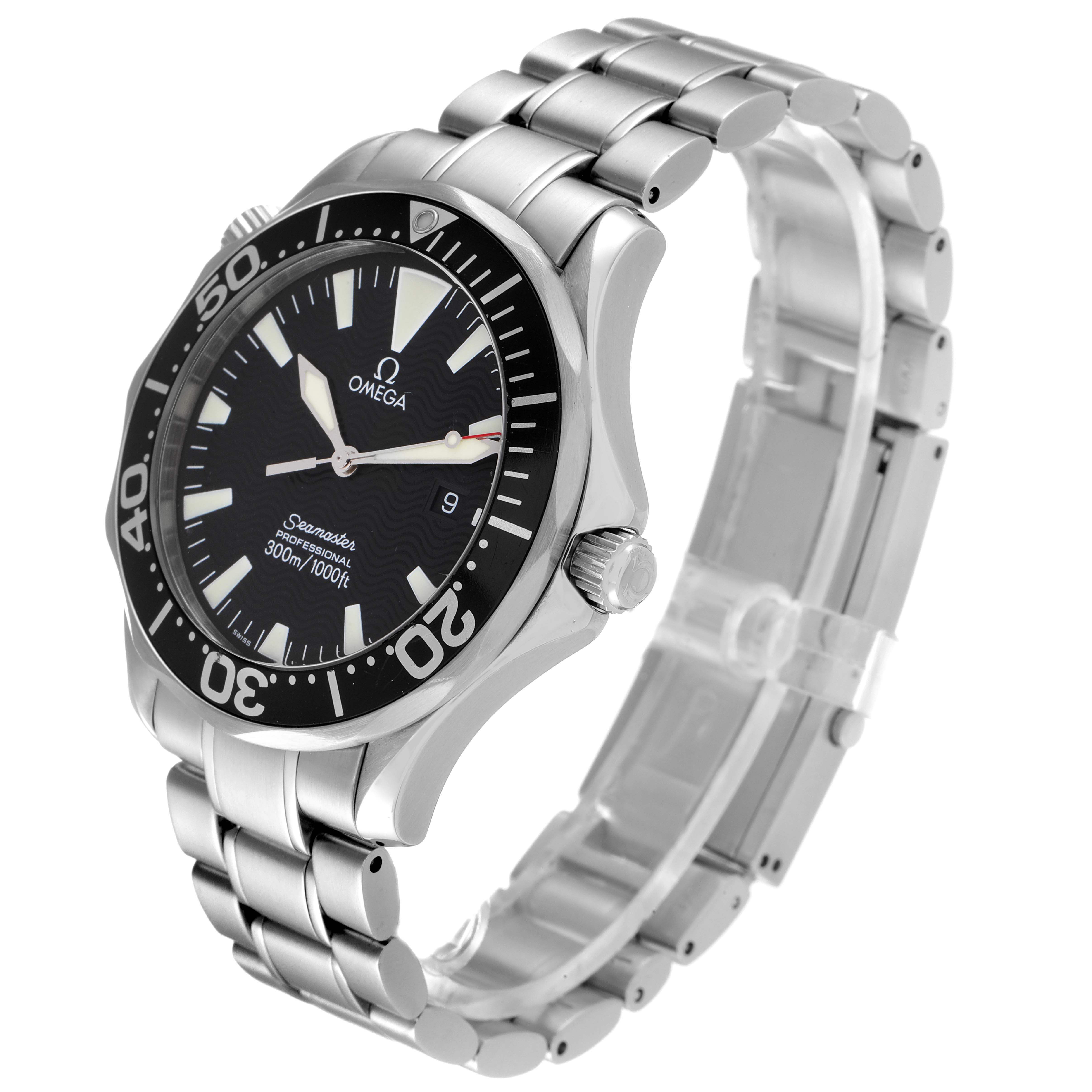The image shows an angled side view of the Omega Seamaster 2264.50.00 Men's Stainless Steel Black Dial 2264.50.00 Men's Stainless Steel Black Dial watch, highlighting its face, bezel, crown, and metal bracelet.