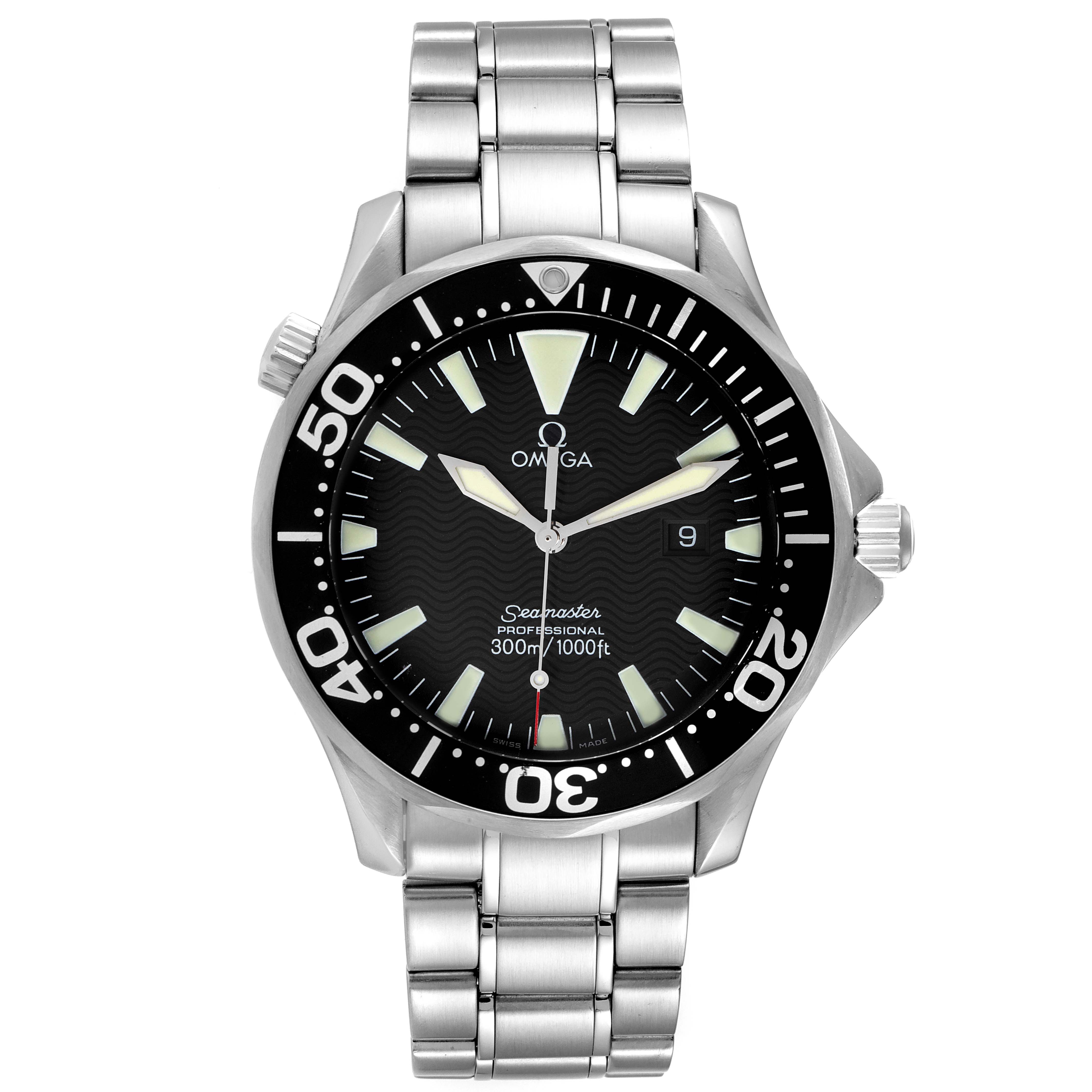 The image shows a front view of the Omega Seamaster 2264.50.00 Men's Stainless Steel Black Dial 2264.50.00 Men's Stainless Steel Black Dial watch, highlighting the face, bezel, and stainless steel bracelet.