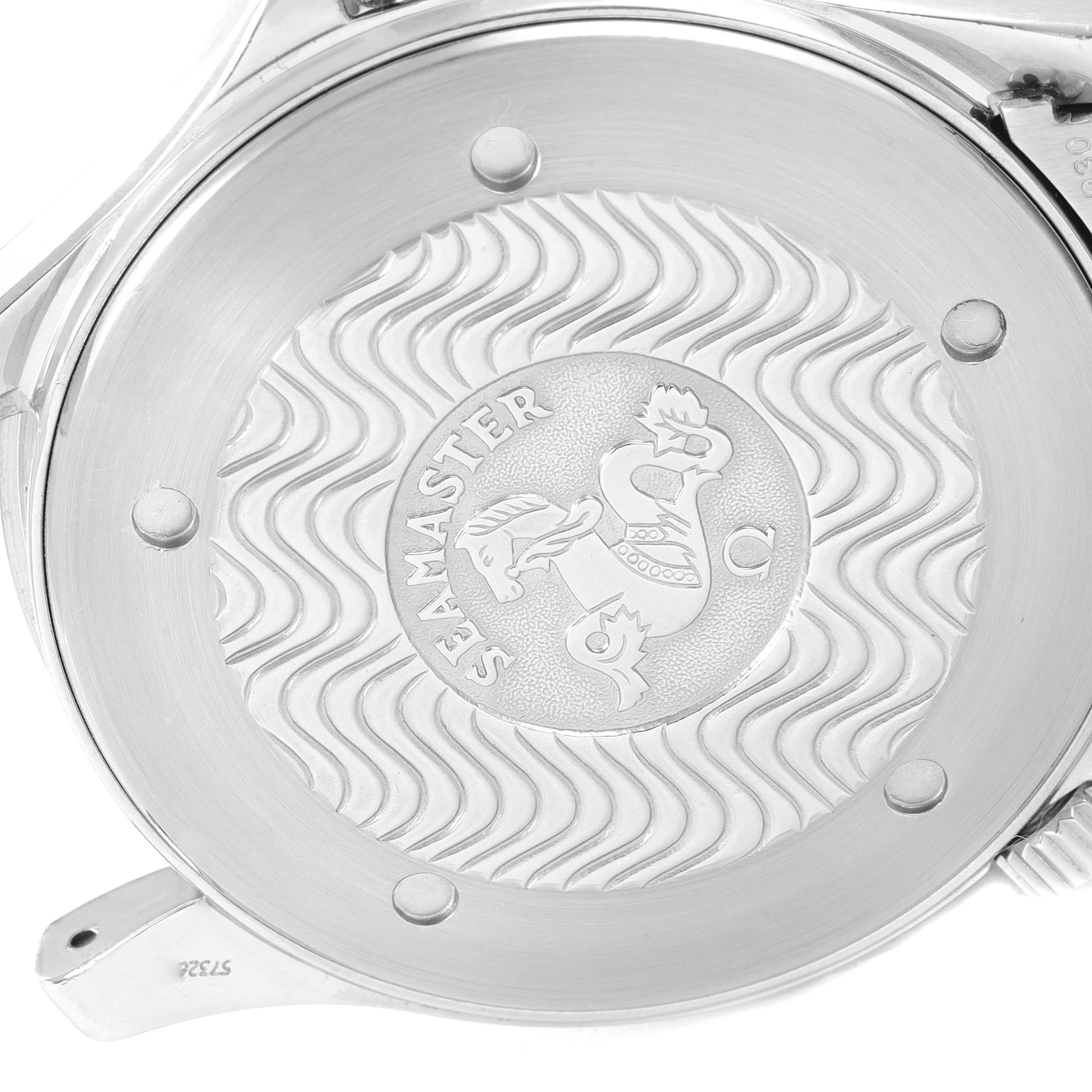 The image shows the case back of the Omega Seamaster 2264.50.00 Men's Stainless Steel Black Dial 2264.50.00 Men's Stainless Steel Black Dial watch, featuring engraved text and a seahorse motif.