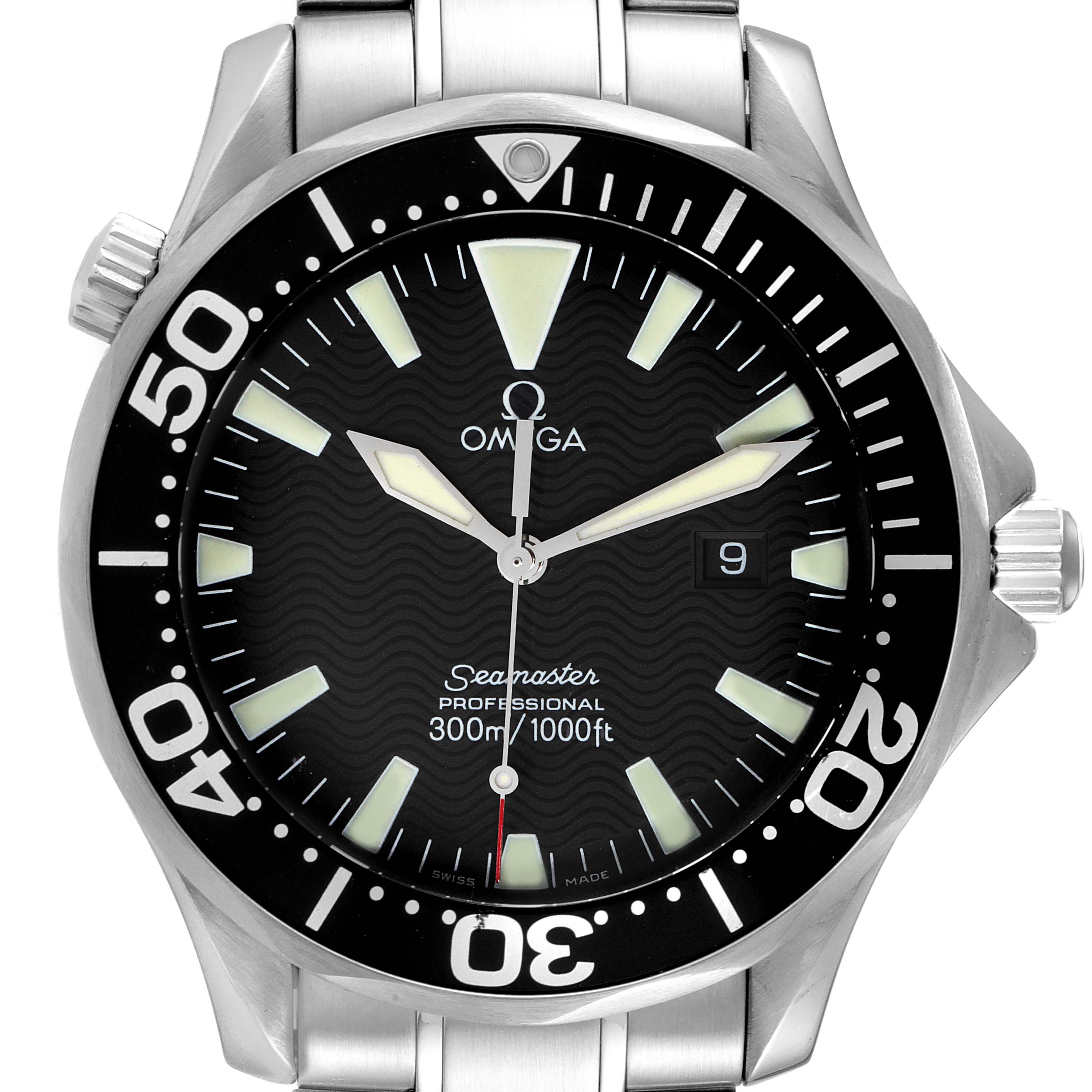 This image shows a frontal view of the Omega Seamaster 2264.50.00 Men's Stainless Steel Black Dial 2264.50.00 Men's Stainless Steel Black Dial watch, highlighting the dial, bezel, and part of the stainless steel bracelet.