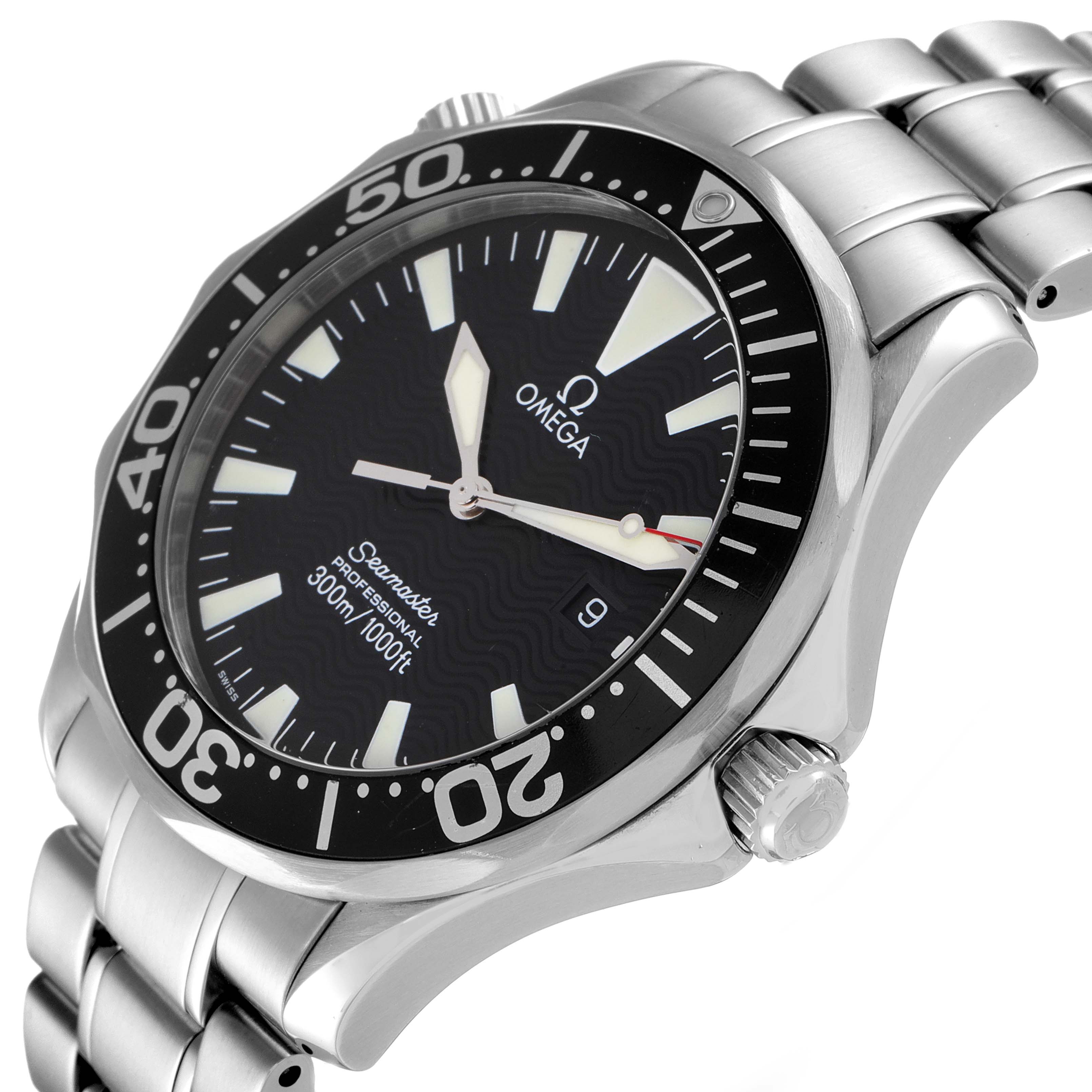 The image shows an Omega Seamaster 2264.50.00 Men's Stainless Steel Black Dial 2264.50.00 Men's Stainless Steel Black Dial watch from an angled side view, displaying the face, bezel, crown, and stainless steel bracelet.