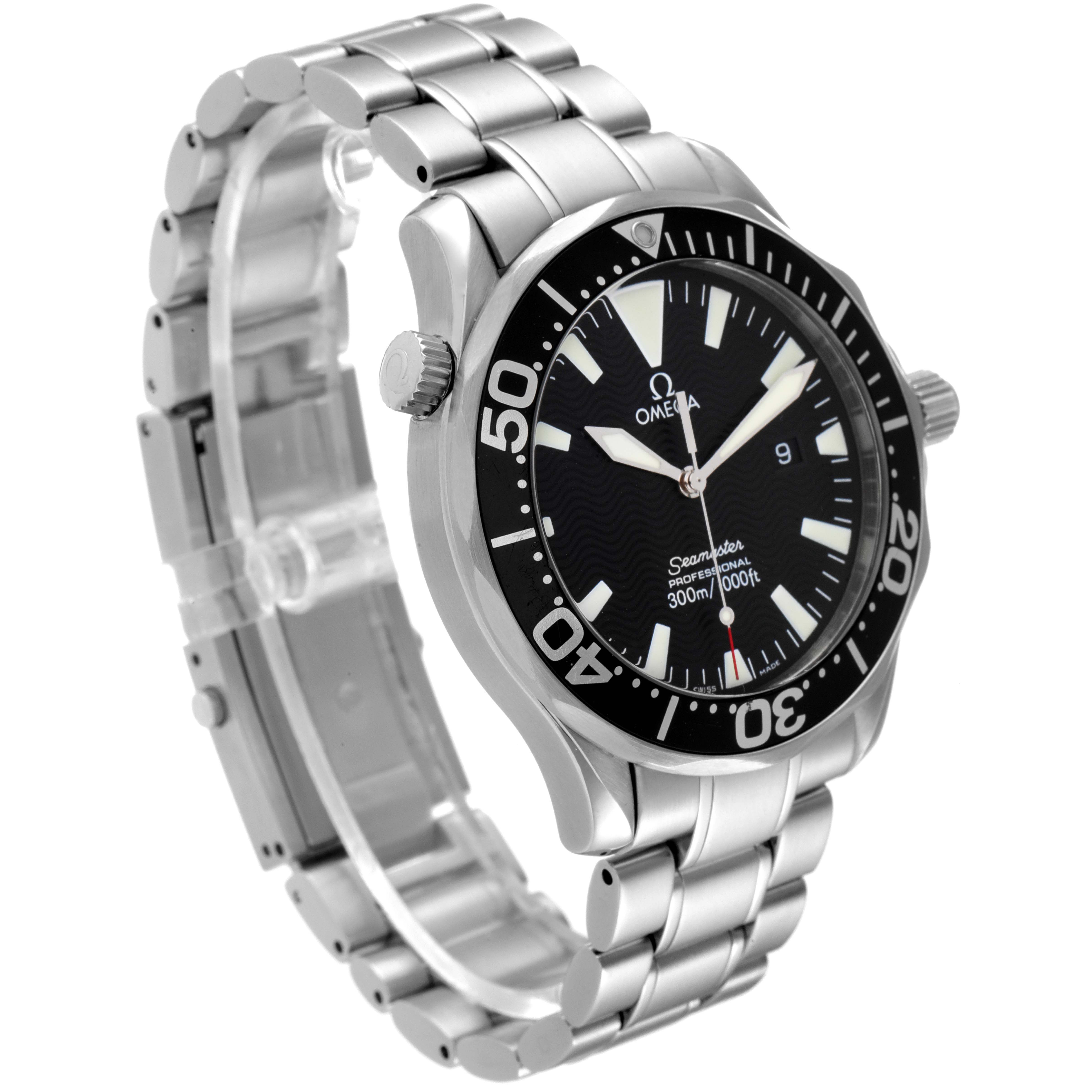 This image shows an Omega Seamaster 2264.50.00 Men's Stainless Steel Black Dial 2264.50.00 Men's Stainless Steel Black Dial watch at a slight left-side angle, highlighting its face, bezel, and stainless-steel bracelet.