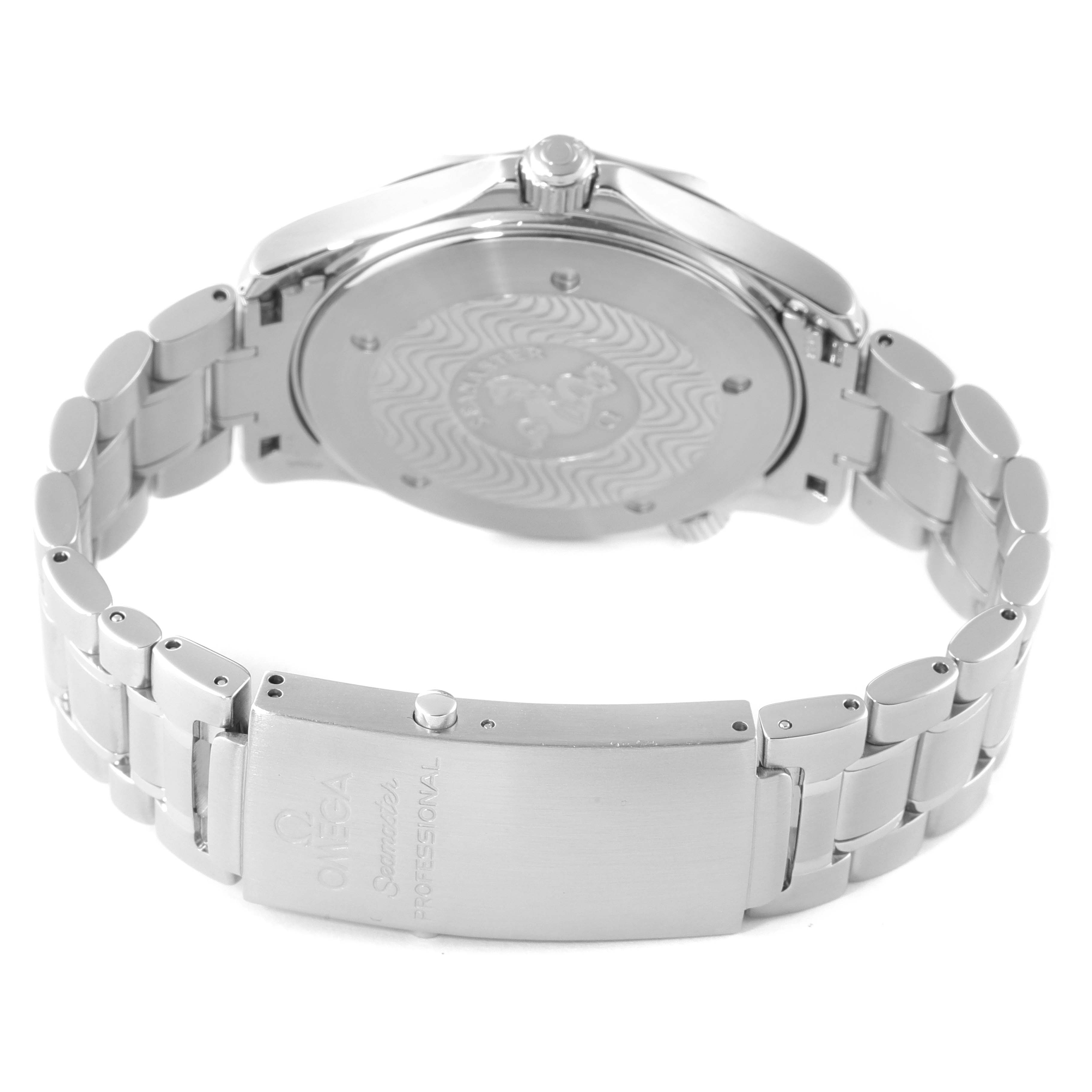 The image shows the back case and bracelet clasp of an Omega Seamaster 2264.50.00 Men's Stainless Steel Black Dial 2264.50.00 Men's Stainless Steel Black Dial watch from a rear angle.