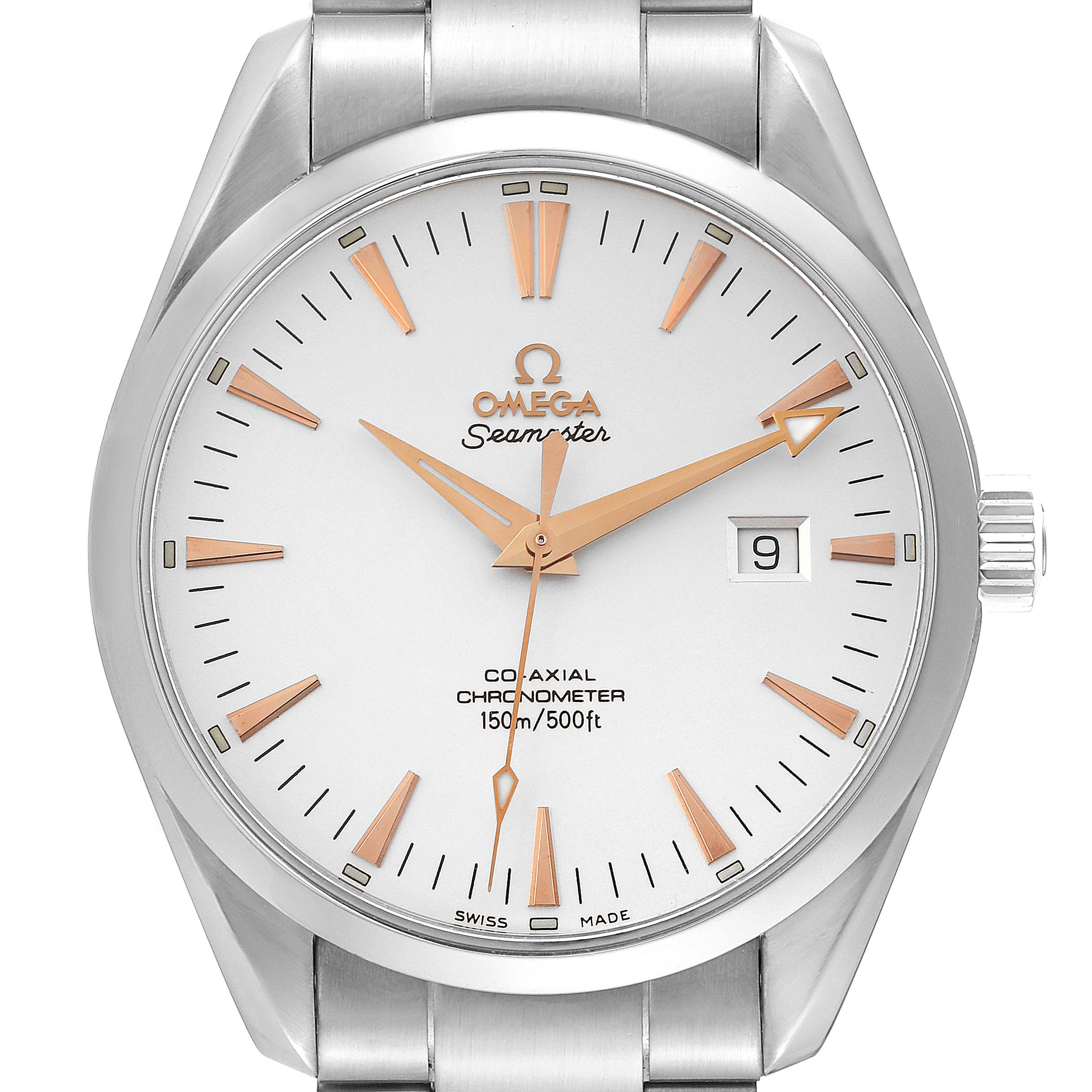 The image shows a front view of the Omega Aqua Terra 2502.34.00 Men's Stainless Steel Silver Dial 2502.34.00 Men's Stainless Steel Silver Dial Seamaster watch, detailing its dial, hands, indices, and bracelet.