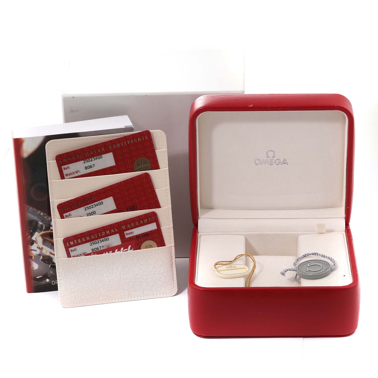 The image shows the packaging and certification cards for an Omega Aqua Terra 2502.34.00 Men's Stainless Steel Silver Dial 2502.34.00 Men's Stainless Steel Silver Dial watch, including a red watch box and warranty cards.