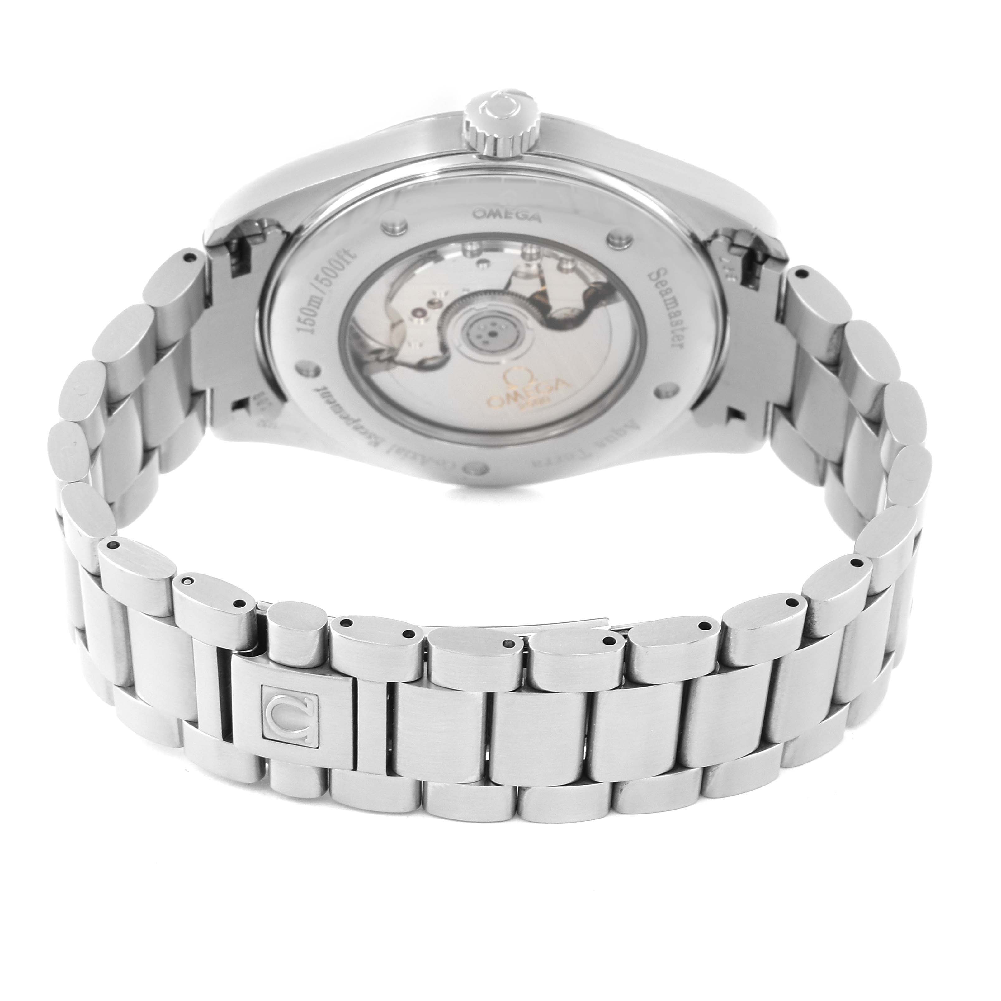 The image shows the back view of the Omega Aqua Terra 2502.34.00 Men's Stainless Steel Silver Dial 2502.34.00 Men's Stainless Steel Silver Dial watch, displaying its stainless steel bracelet and exposed movement.
