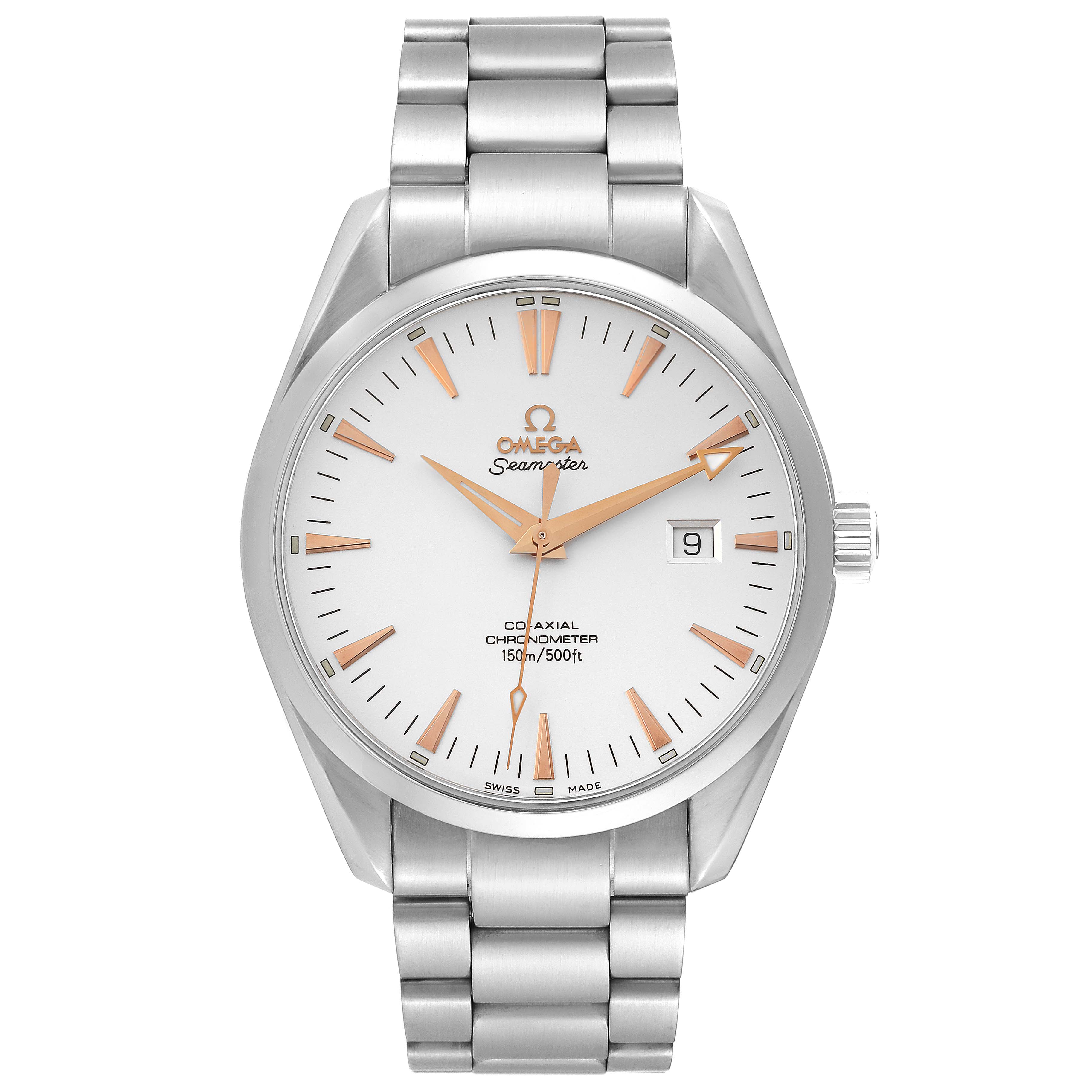 The Omega Aqua Terra 2502.34.00 Men's Stainless Steel Silver Dial 2502.34.00 Men's Stainless Steel Silver Dial Seamaster watch is shown from a front angle, displaying its dial, hands, date window, and metal bracelet.