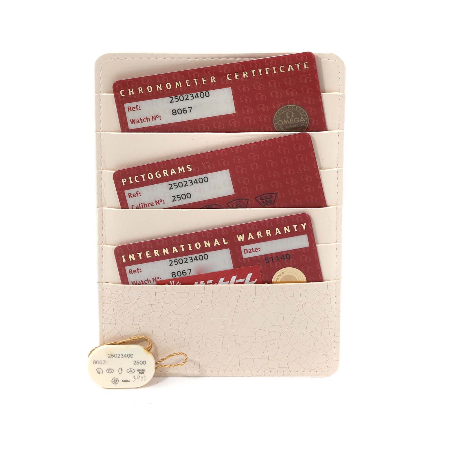 The image shows the chronometer certificate, pictograms, and international warranty cards for the Omega Aqua Terra 2502.34.00 Men's Stainless Steel Silver Dial 2502.34.00 Men's Stainless Steel Silver Dial watch.