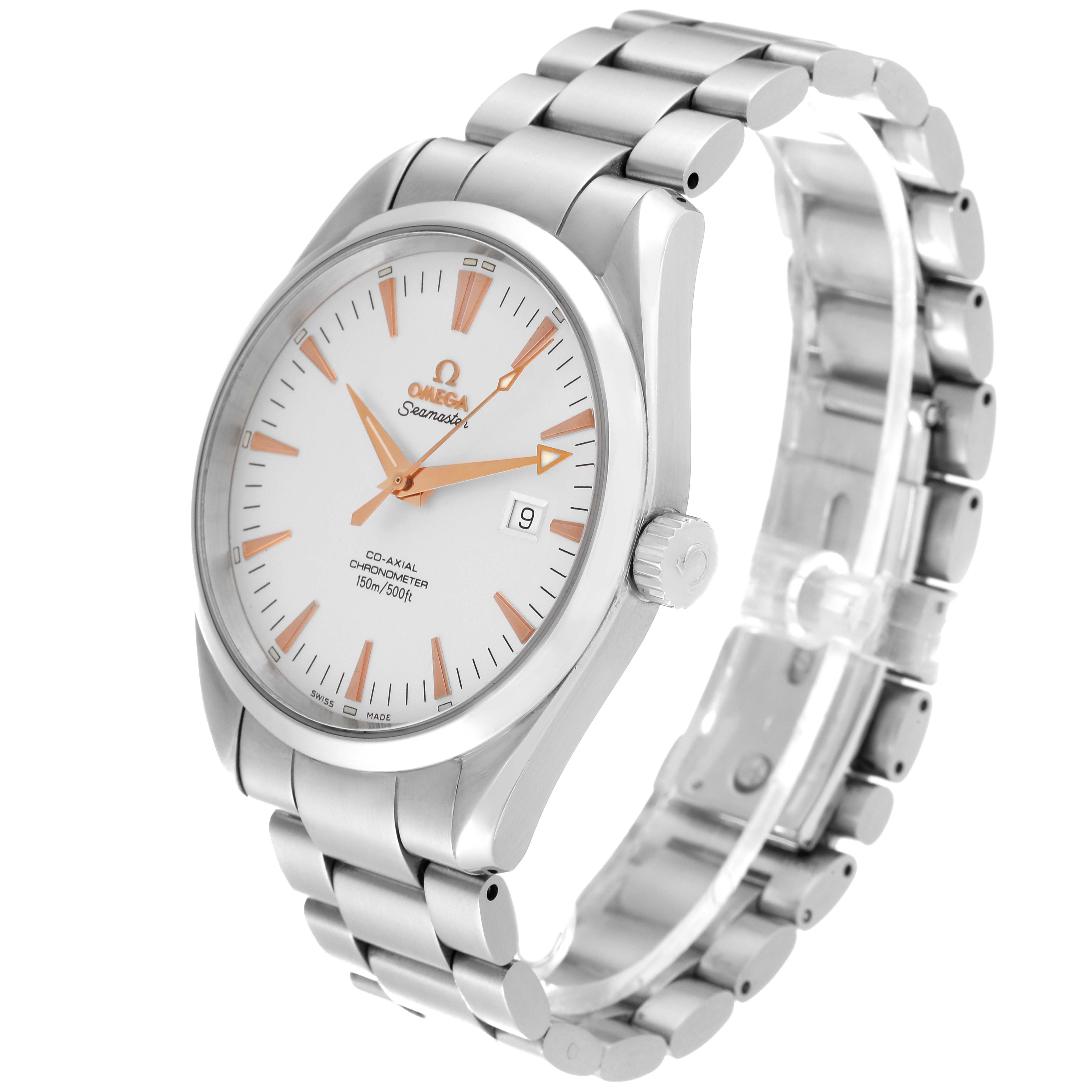 The image shows an Omega Aqua Terra 2502.34.00 Men's Stainless Steel Silver Dial 2502.34.00 Men's Stainless Steel Silver Dial watch at a slight angle, highlighting the face, crown, and stainless steel bracelet.