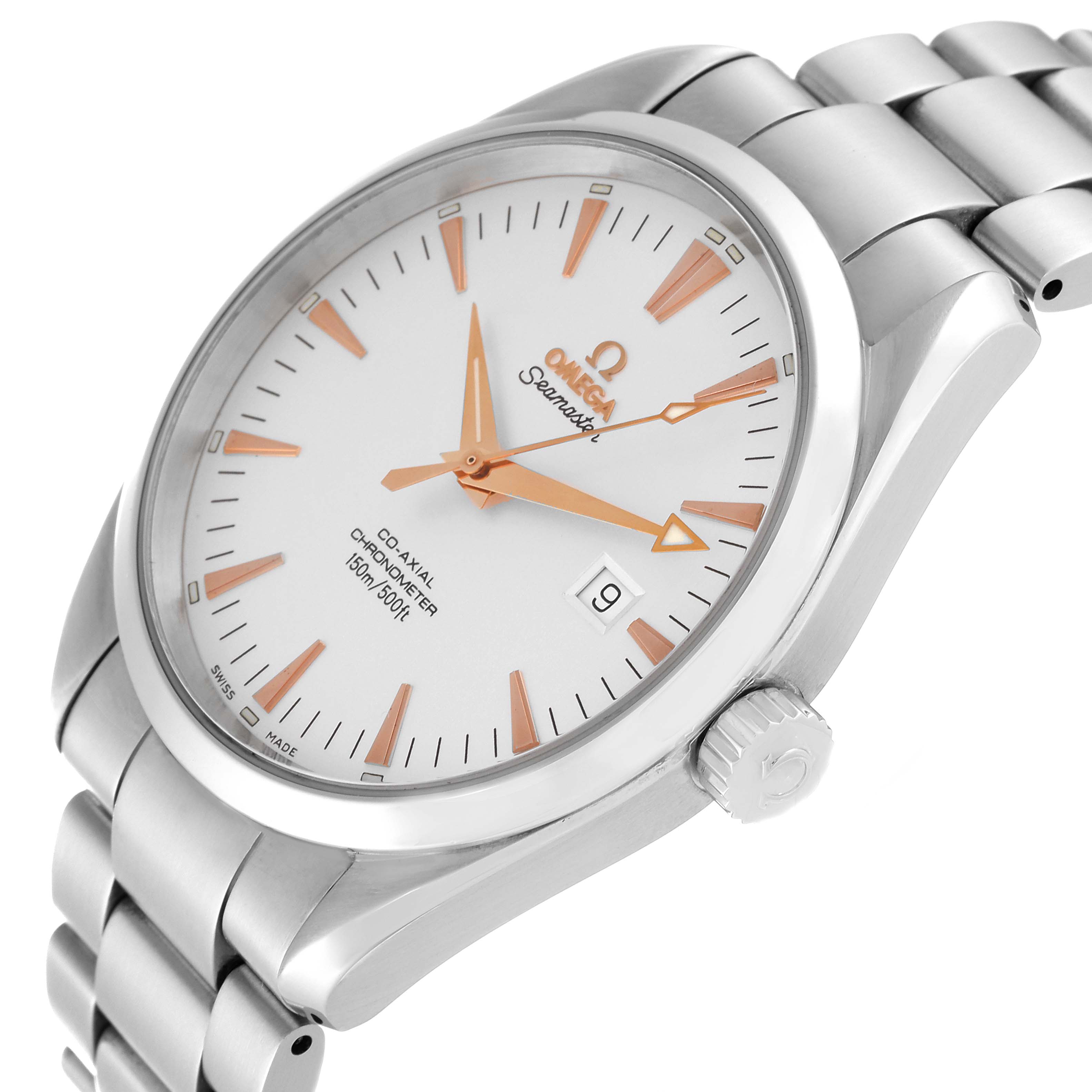 The image shows an angled view of the Omega Aqua Terra 2502.34.00 Men's Stainless Steel Silver Dial 2502.34.00 Men's Stainless Steel Silver Dial watch, highlighting its face, bezel, crown, and part of the bracelet.