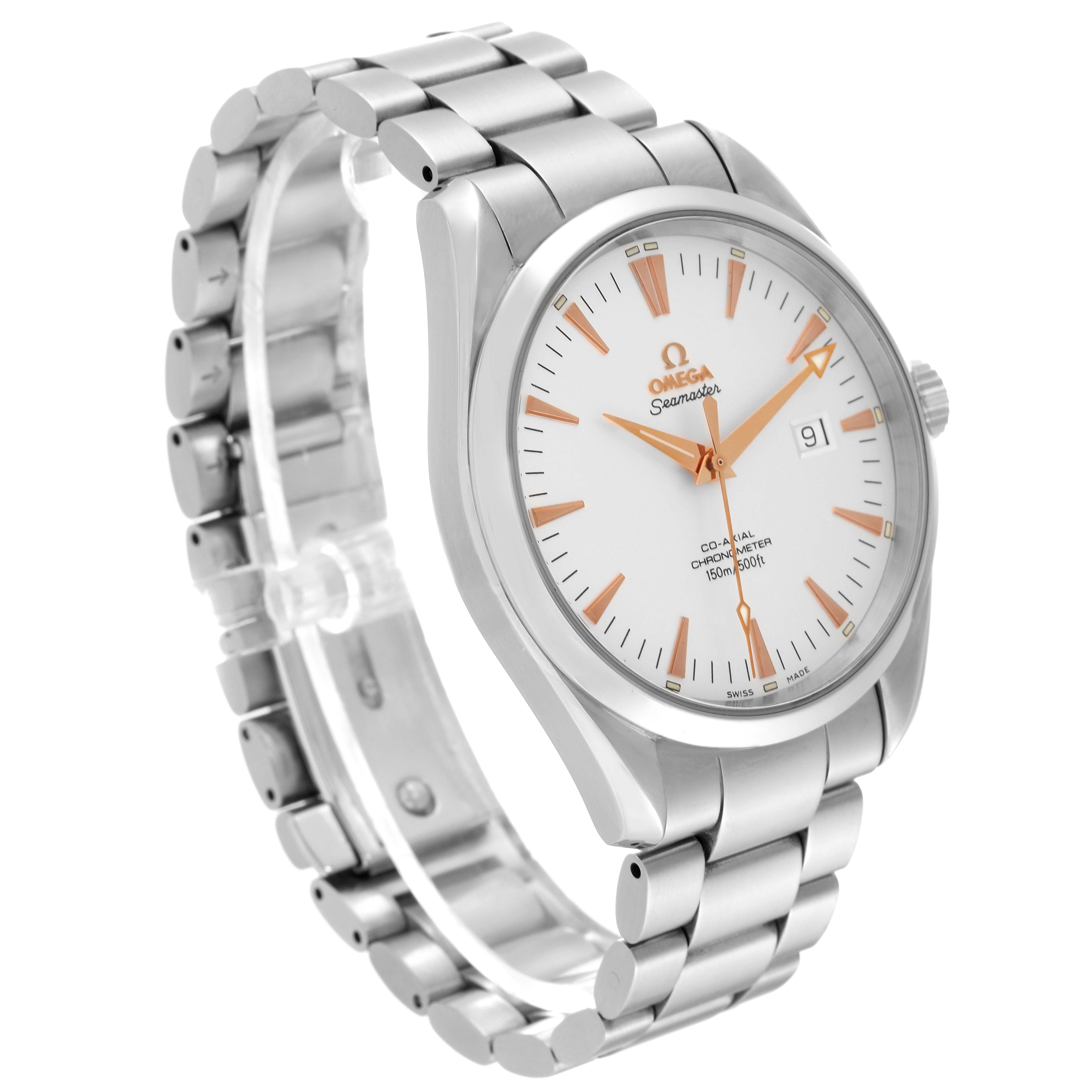 The Omega Aqua Terra 2502.34.00 Men's Stainless Steel Silver Dial 2502.34.00 Men's Stainless Steel Silver Dial watch is shown at an angle highlighting the face, bezel, crown, and stainless steel bracelet.