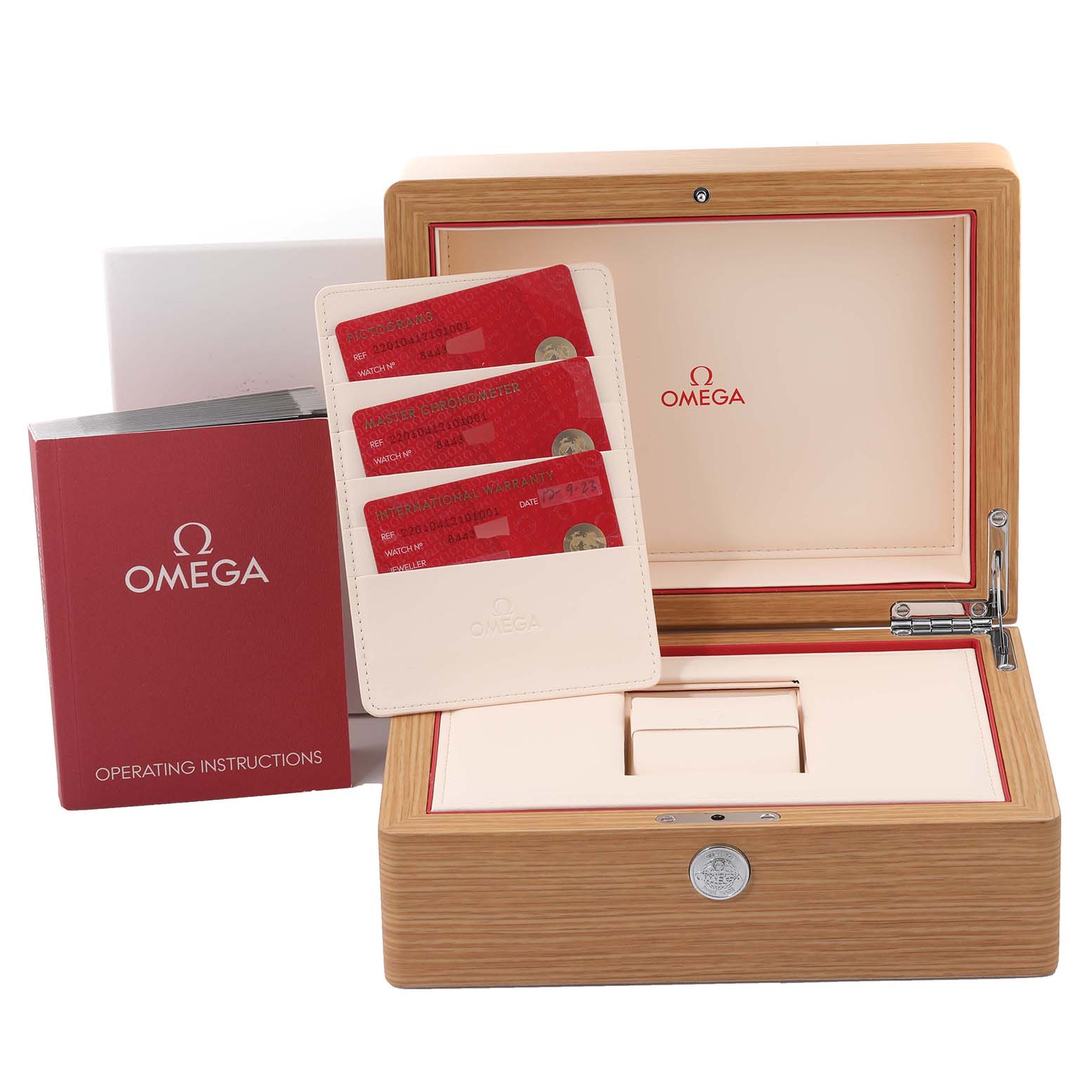 The image shows the package set for the Aqua Terra model by Omega, including the watch box, cards, and operating instructions.