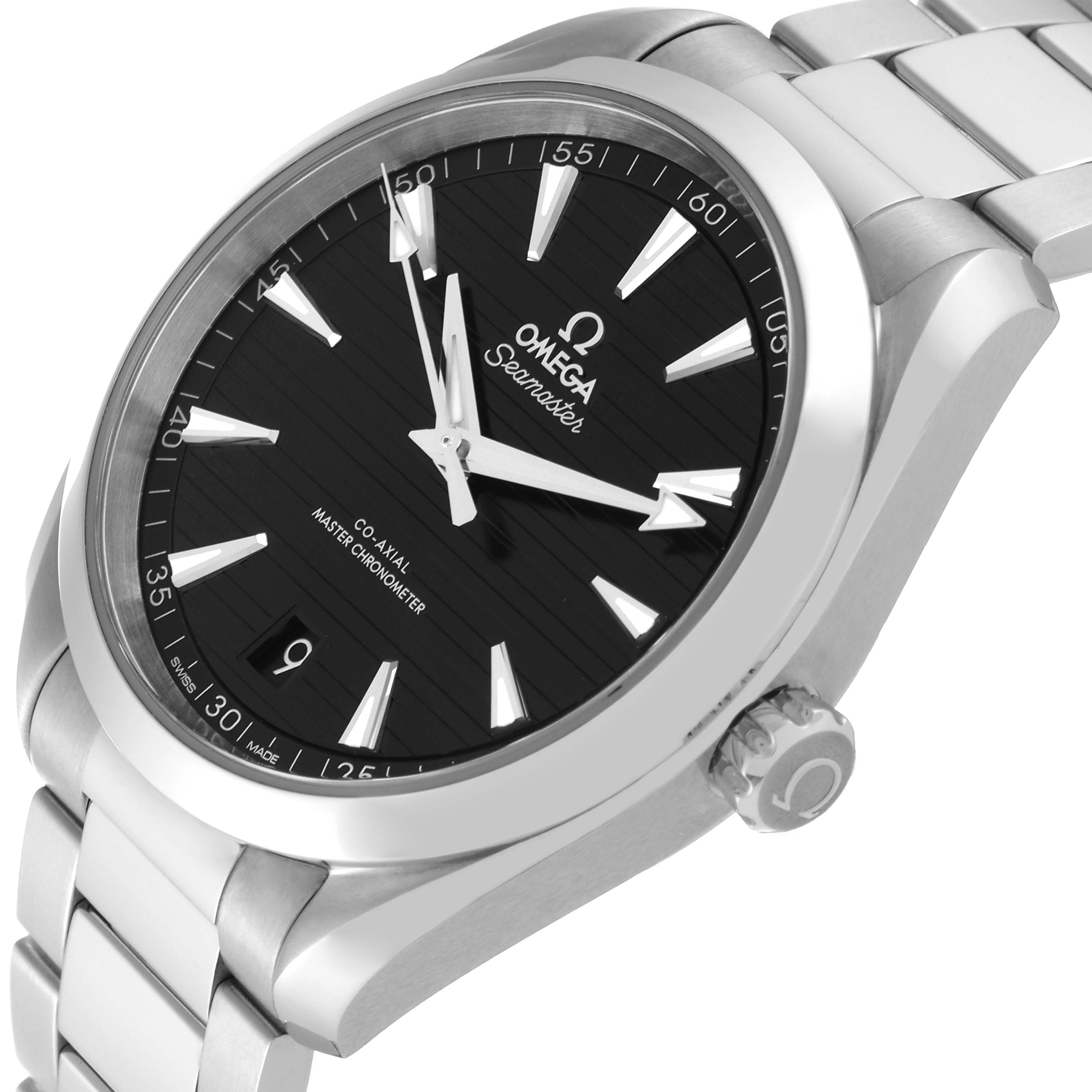 The image shows an angled view of the dial, case, bezel, and part of the bracelet of the Omega Aqua Terra 220.10.41.21.01.001 Men's Stainless Steel Black Dial 220.10.41.21.01.001 Men's Stainless Steel Black Dial watch.