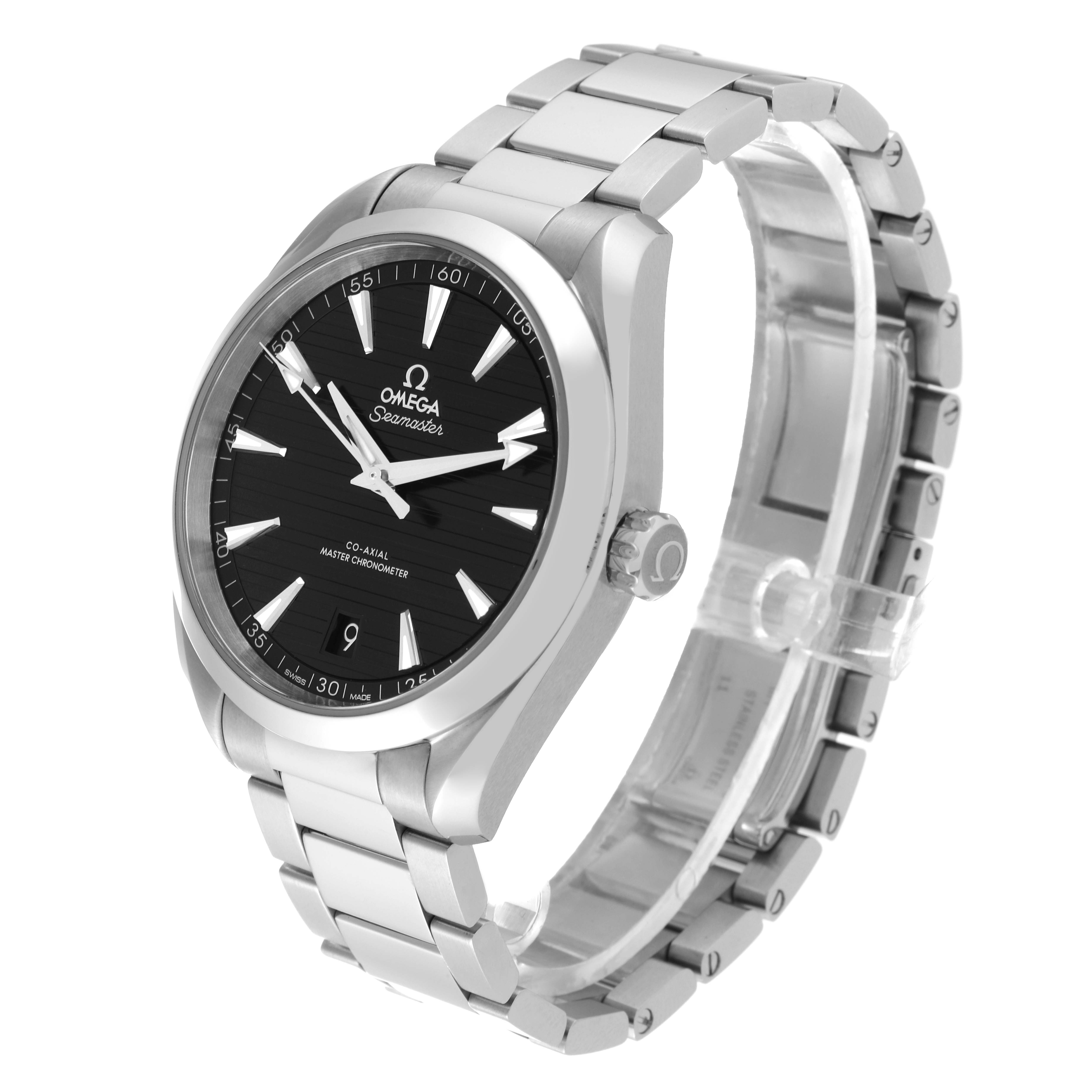 The Omega Aqua Terra 220.10.41.21.01.001 Men's Stainless Steel Black Dial 220.10.41.21.01.001 Men's Stainless Steel Black Dial watch is shown from a three-quarter angle, displaying the face, case, and bracelet.