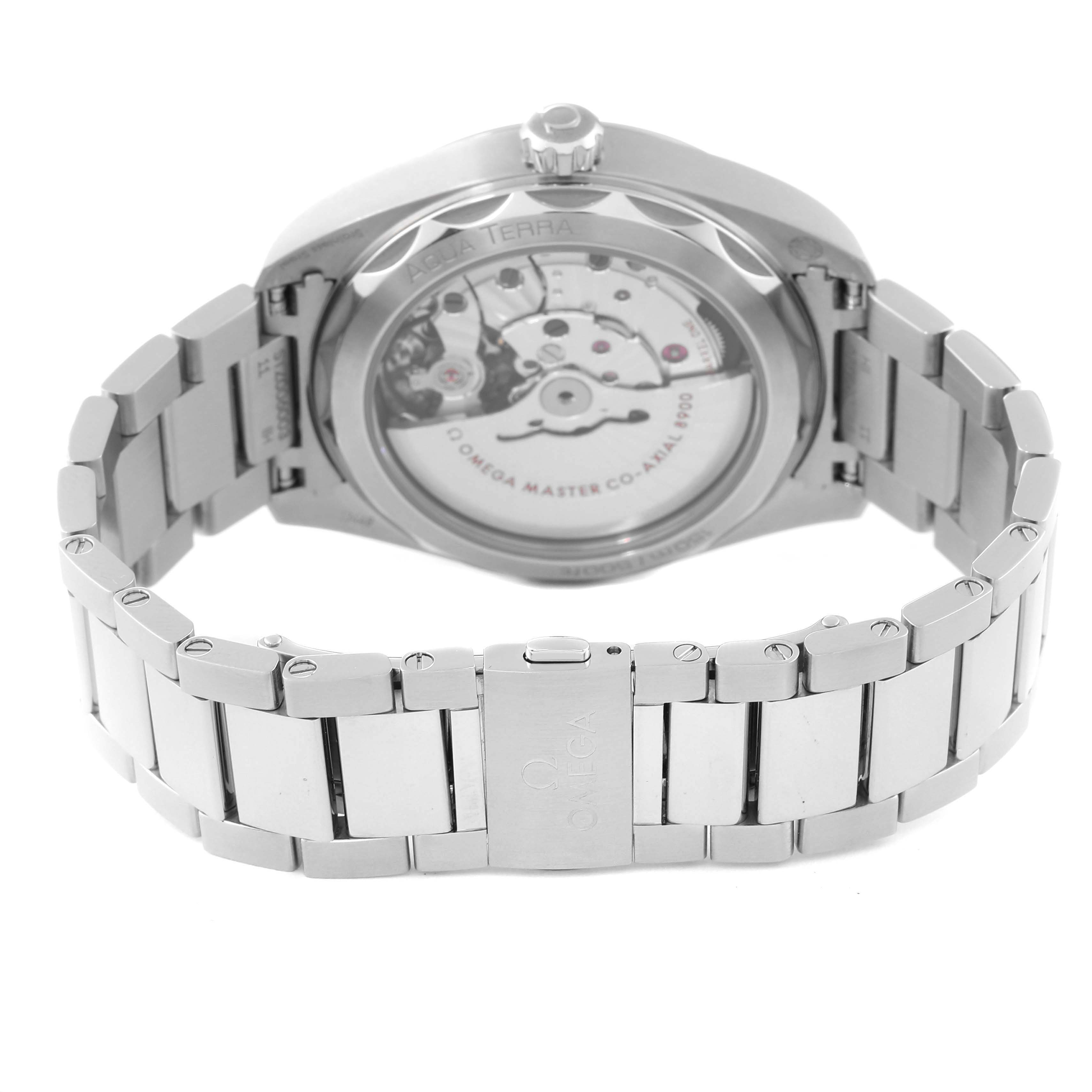 The image shows the back view of the Omega Aqua Terra 220.10.41.21.01.001 Men's Stainless Steel Black Dial 220.10.41.21.01.001 Men's Stainless Steel Black Dial watch, highlighting the metal bracelet and the watch's exposed movement.