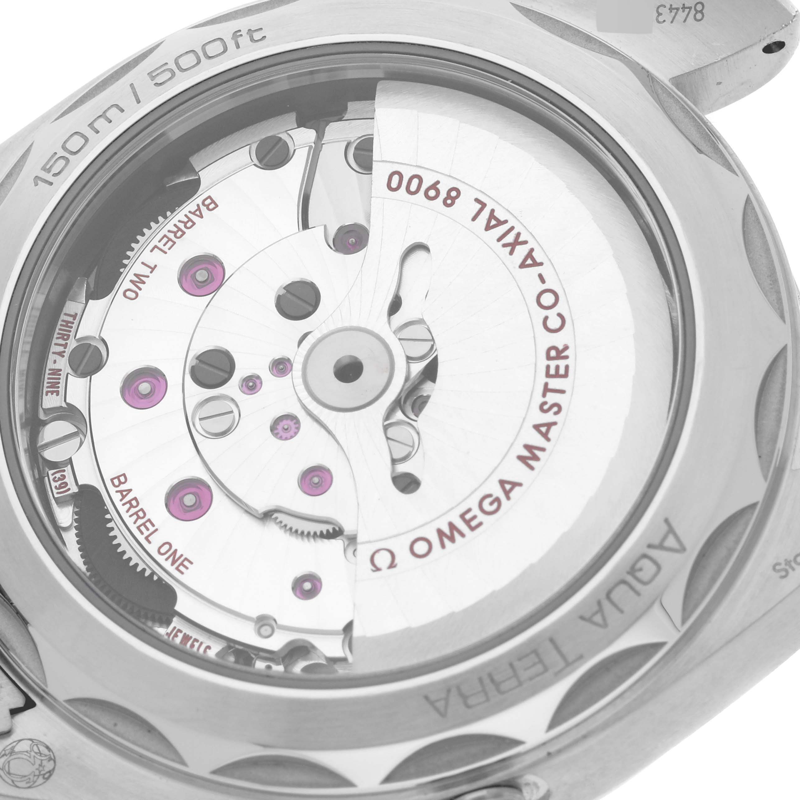 The image shows the back view of the Omega Aqua Terra 220.10.41.21.01.001 Men's Stainless Steel Black Dial 220.10.41.21.01.001 Men's Stainless Steel Black Dial watch, highlighting its movement and internal mechanisms.