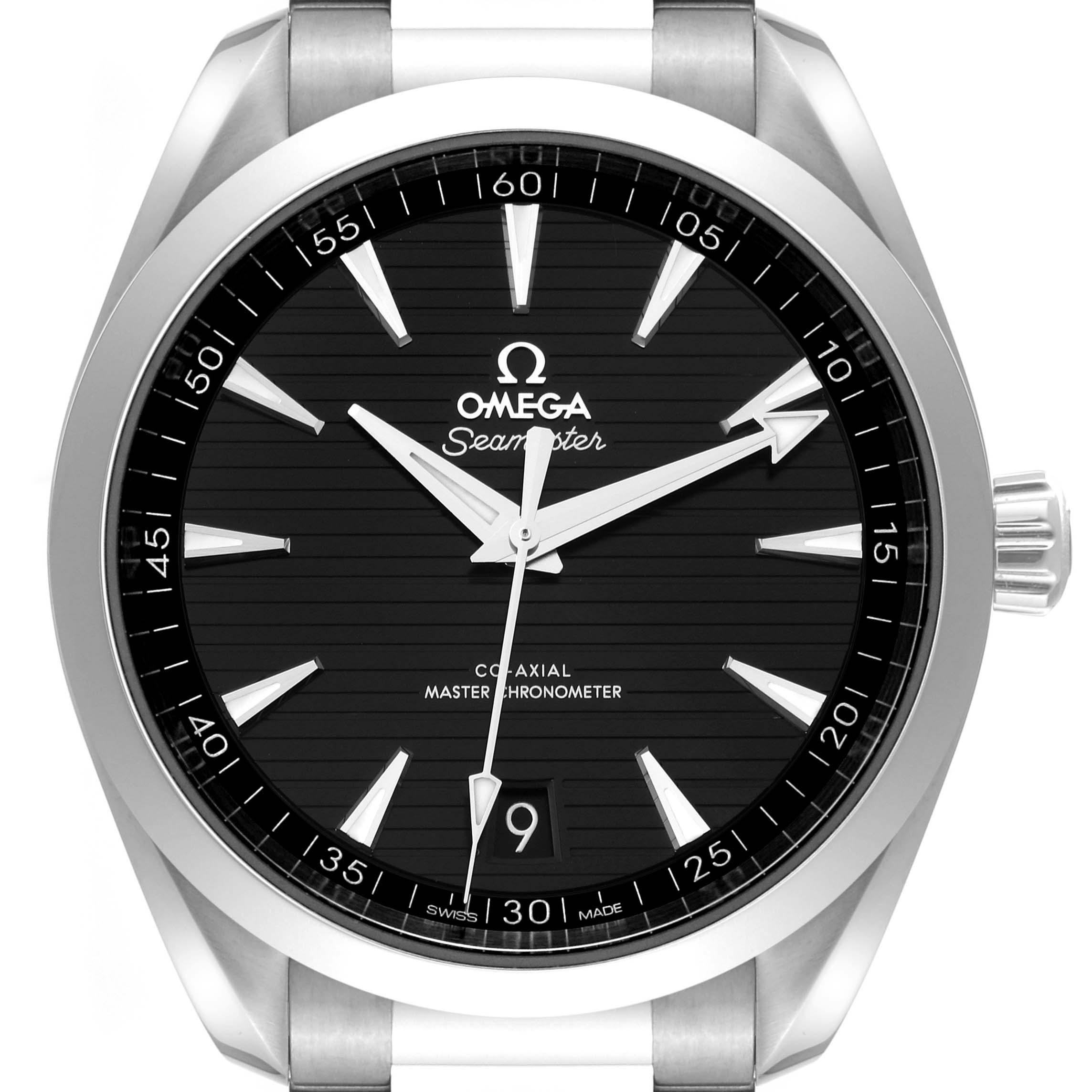 The image shows a front view of the Omega Aqua Terra 220.10.41.21.01.001 Men's Stainless Steel Black Dial 220.10.41.21.01.001 Men's Stainless Steel Black Dial model, displaying the black dial, hour markers, hands, and date window clearly.