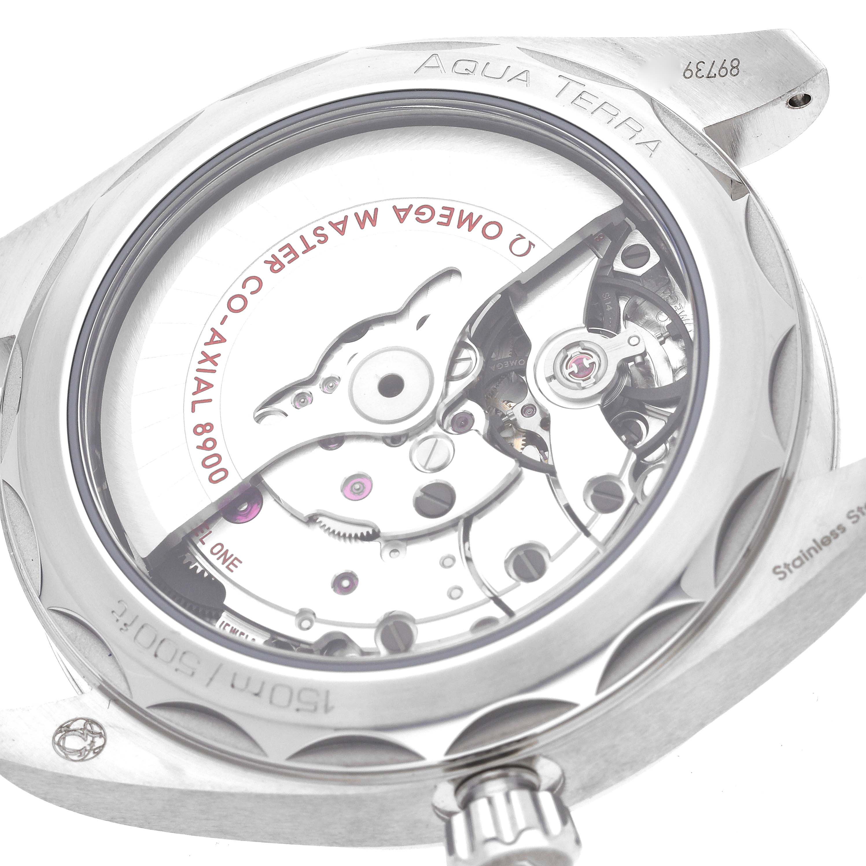 This image shows the back view of the Omega Aqua Terra 220.13.41.21.03.002 Men's Stainless Steel Blue Dial 220.13.41.21.03.002 Men's Stainless Steel Blue Dial watch, displaying its internal movement and branded inscriptions.