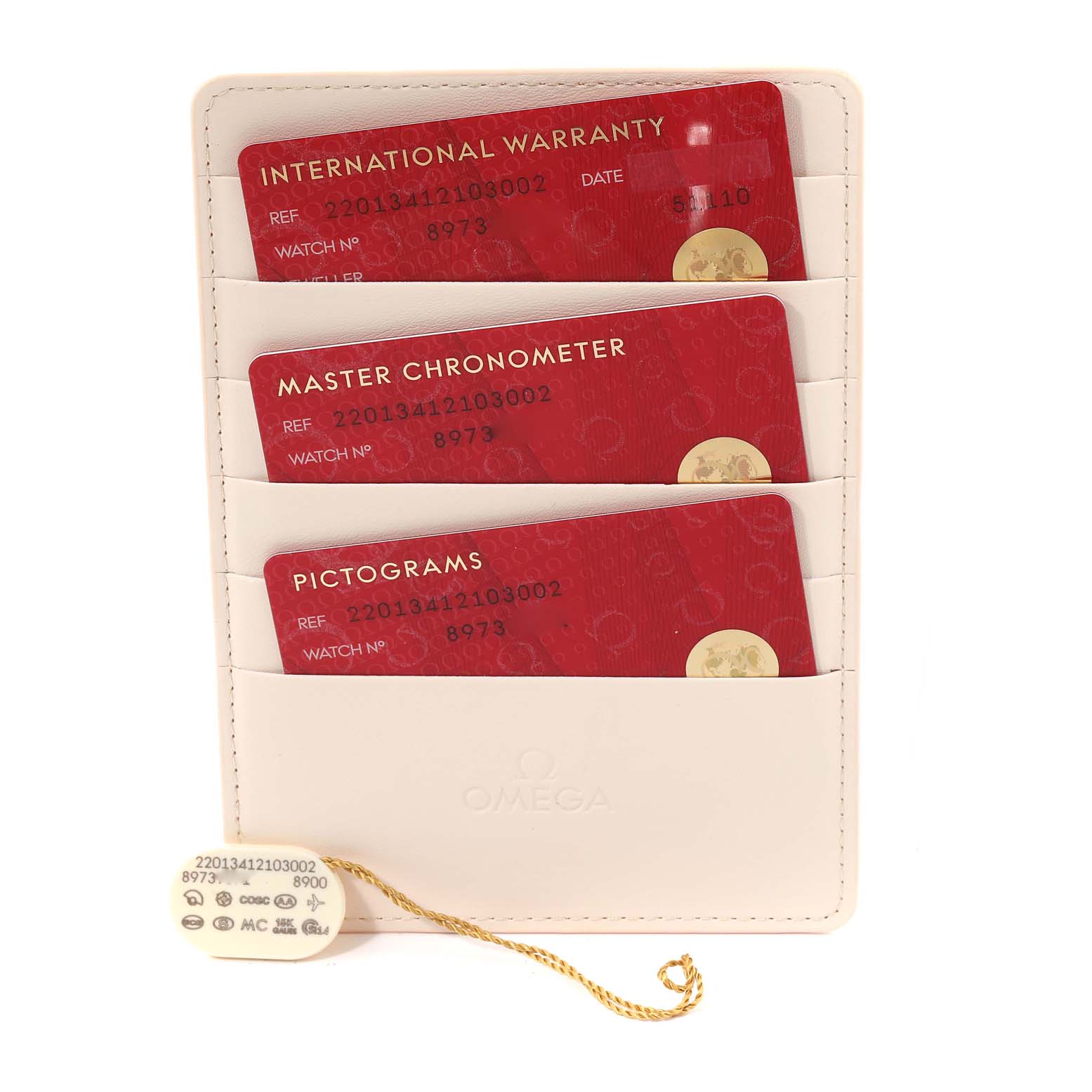 The image shows warranty cards and a tag for the Omega Aqua Terra 220.13.41.21.03.002 Men's Stainless Steel Blue Dial 220.13.41.21.03.002 Men's Stainless Steel Blue Dial watch model, presented in a beige cardholder.