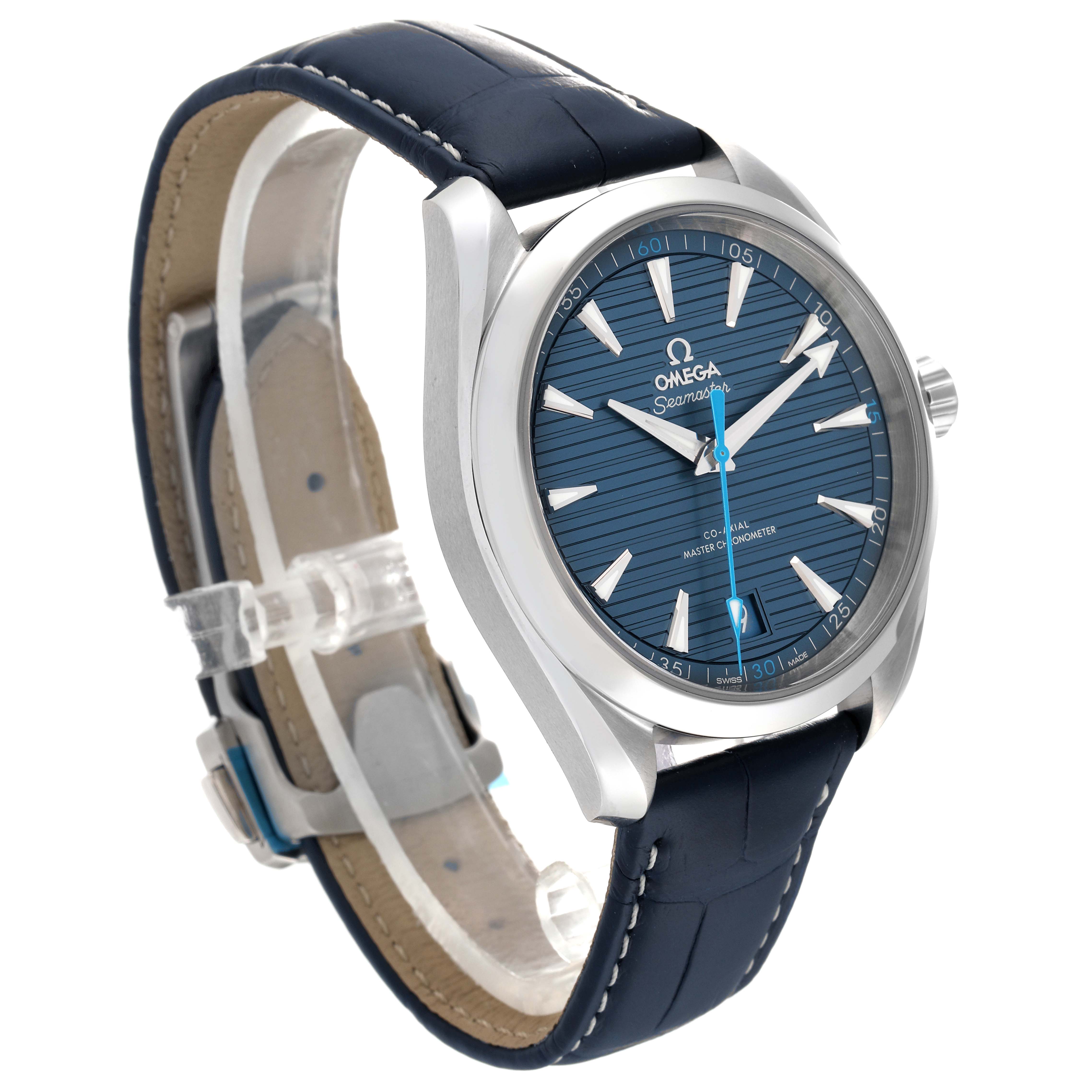 The image shows an angled view of the Omega Aqua Terra 220.13.41.21.03.002 Men's Stainless Steel Blue Dial 220.13.41.21.03.002 Men's Stainless Steel Blue Dial watch, highlighting its blue dial, silver hands, and leather strap.