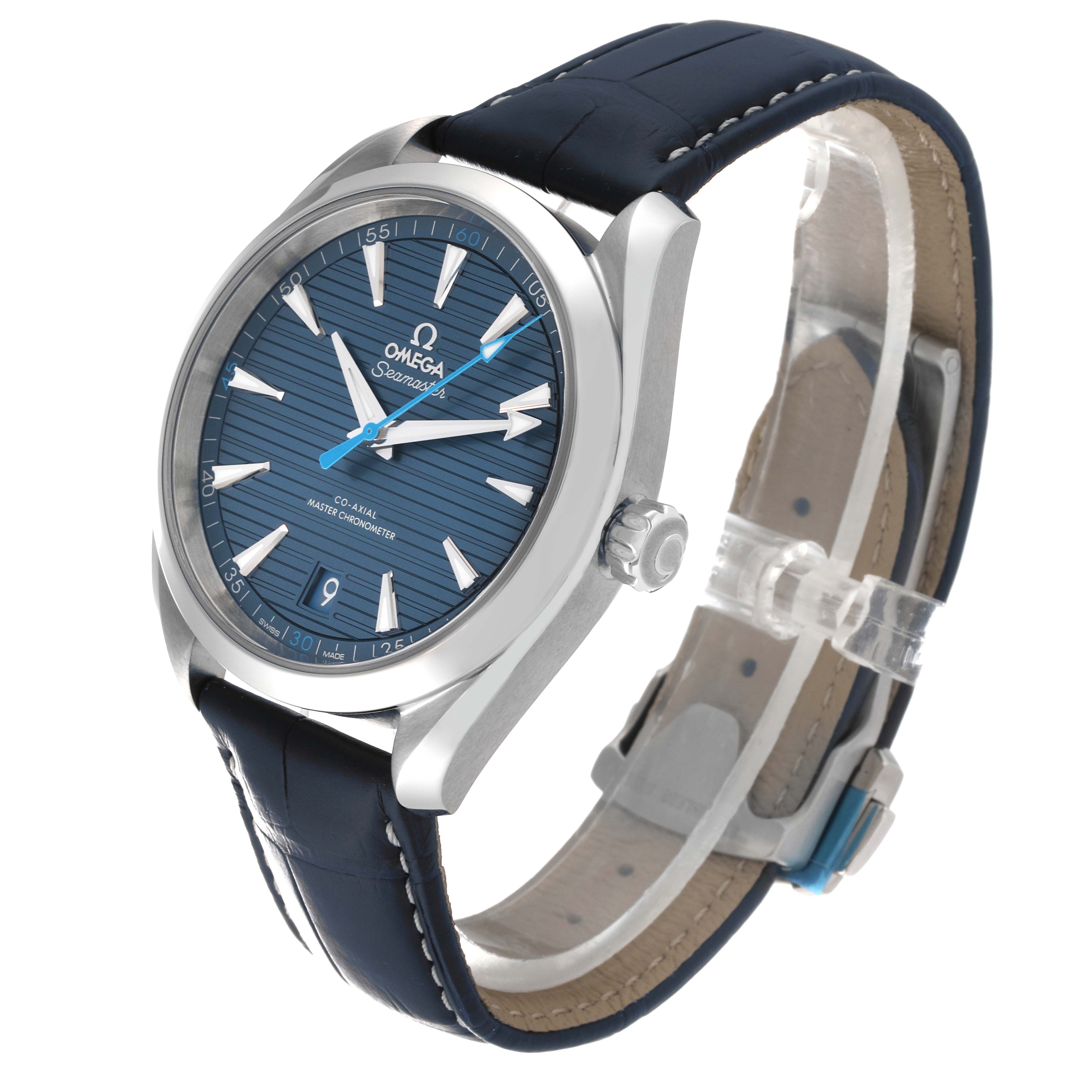 The Omega Aqua Terra 220.13.41.21.03.002 Men's Stainless Steel Blue Dial 220.13.41.21.03.002 Men's Stainless Steel Blue Dial watch is shown at an oblique angle, highlighting its blue dial, stainless steel case, and leather strap.