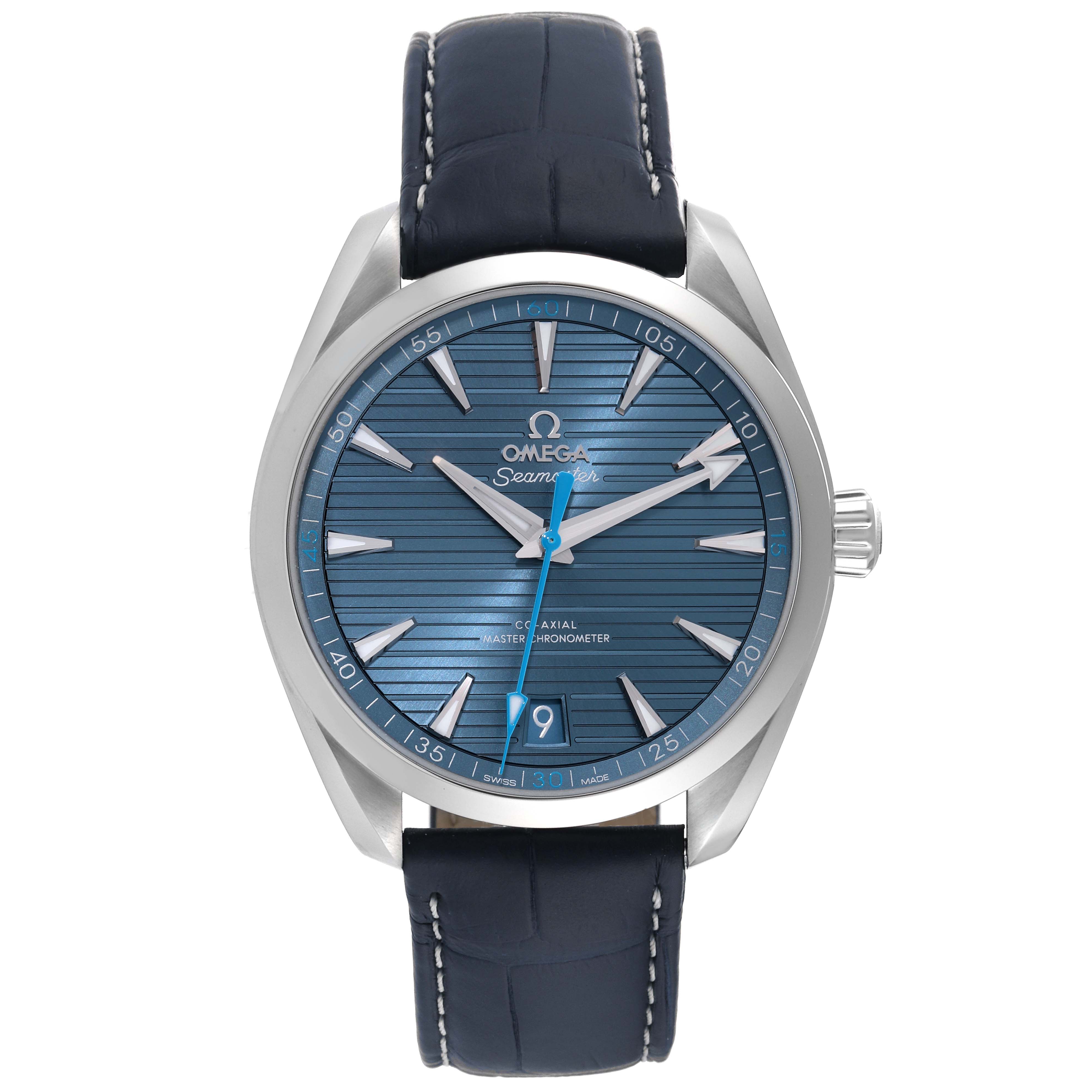 The image shows a front view of the Omega Seamaster Aqua Terra watch, highlighting its blue dial, silver indices, and blue leather strap.