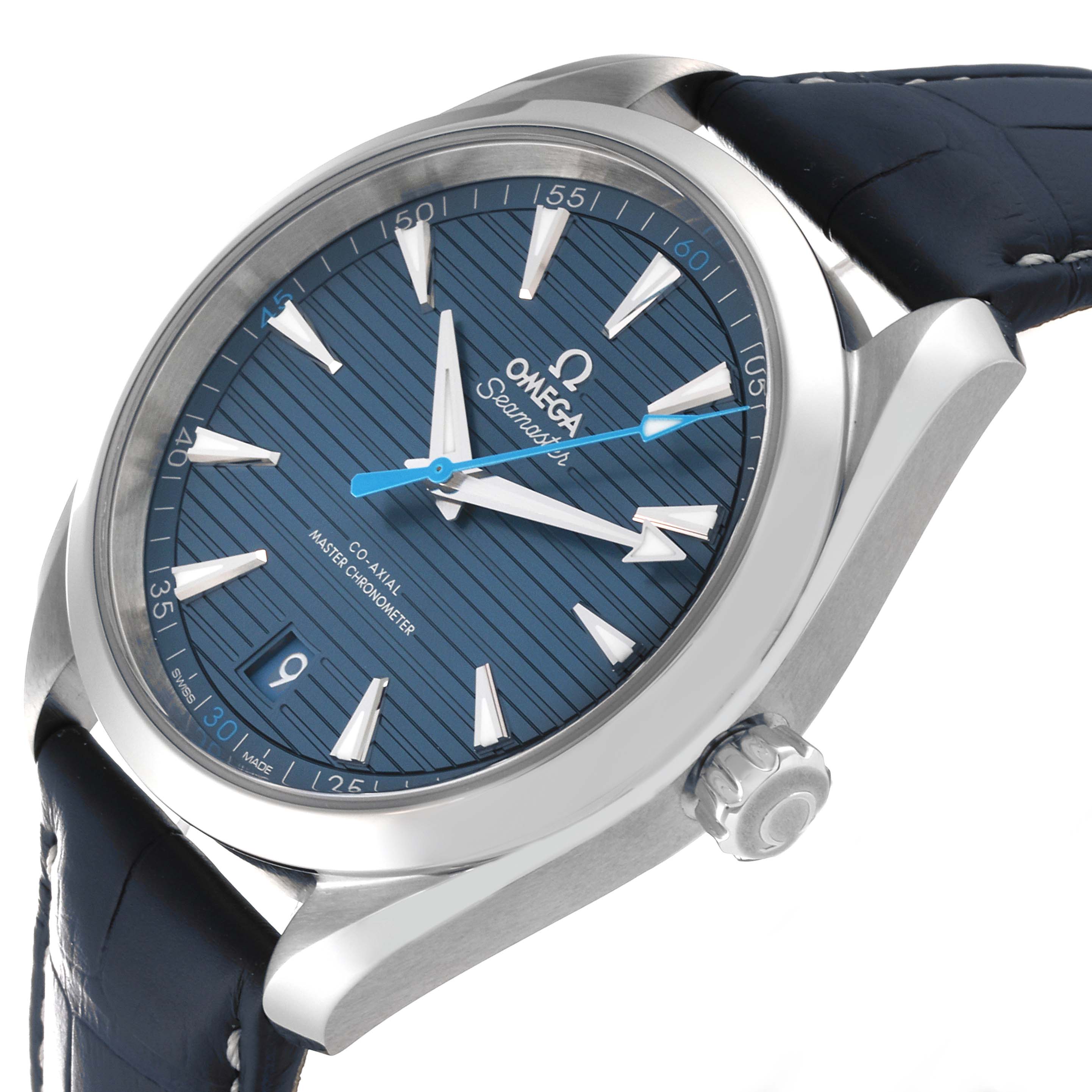 The Omega Seamaster Aqua Terra watch is shown at an angled view, highlighting its blue dial, crown, case, and partial strap.