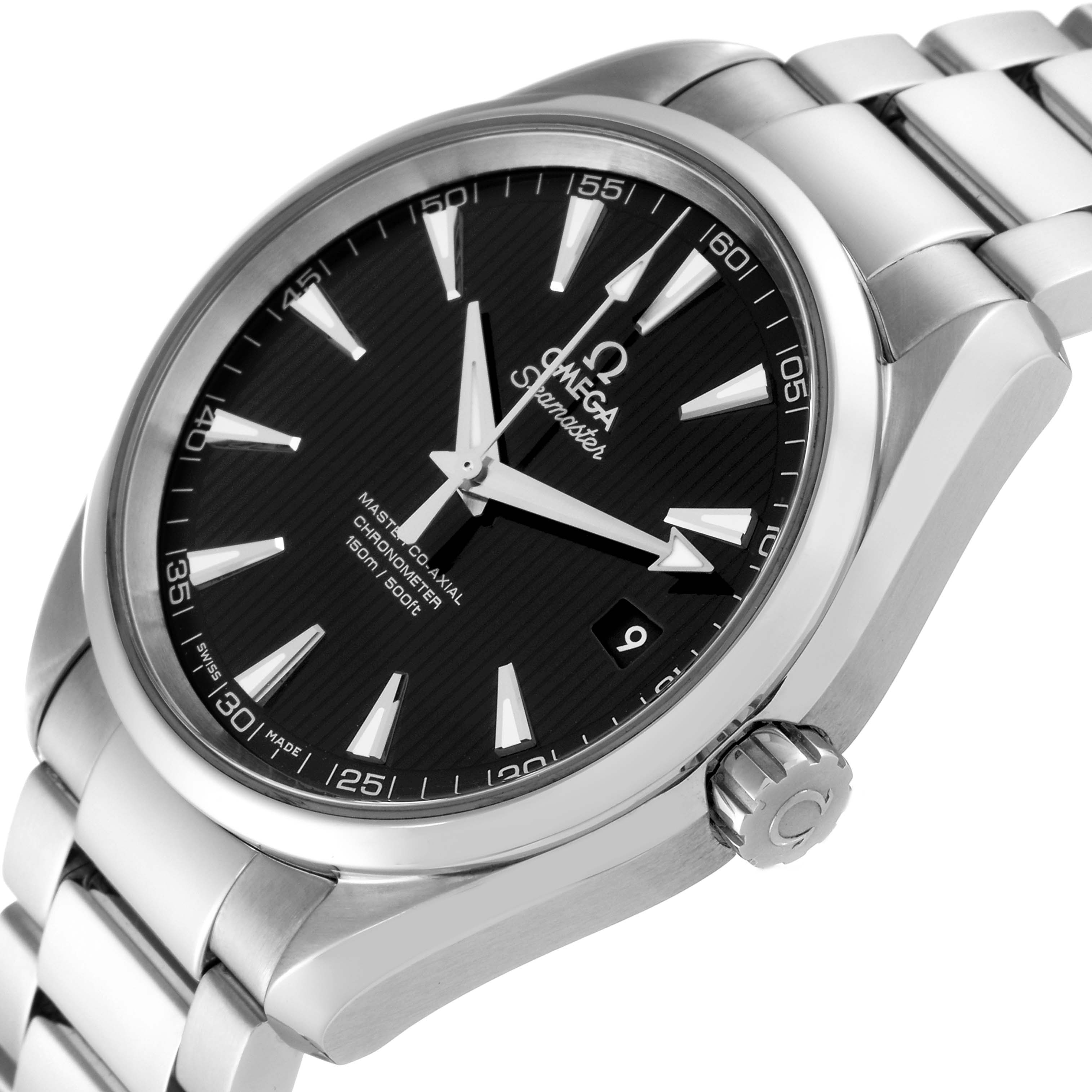 This image shows the Omega Aqua Terra 231.10.42.21.01.003 Men
s Stainless Steel Black Dial 231.10.42.21.01.003 Men
s Stainless Steel Black Dial watch at an angled close-up, highlighting the dial, crown, and bracelet.