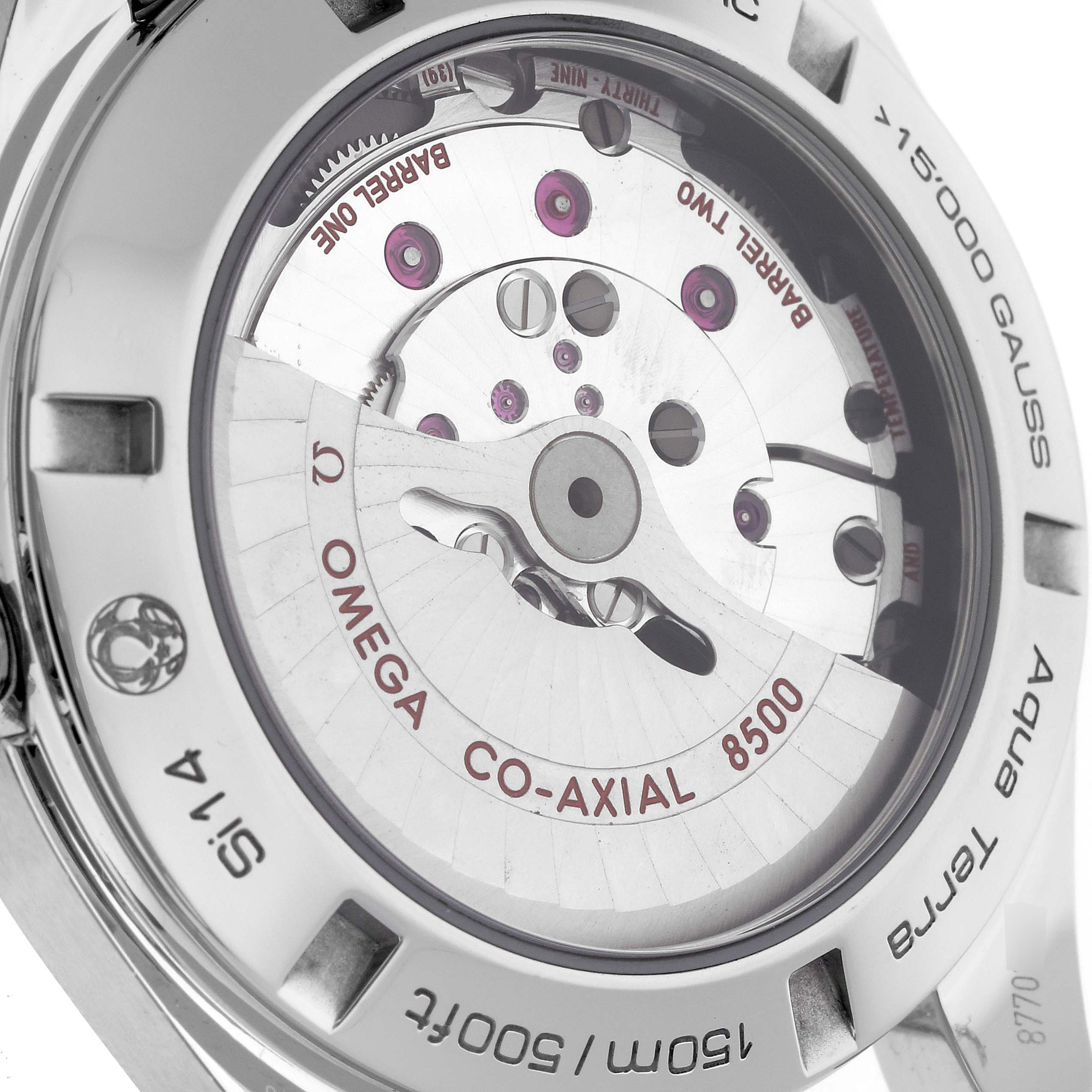 The image shows the case back of an Omega Aqua Terra 231.10.42.21.01.003 Men
s Stainless Steel Black Dial 231.10.42.21.01.003 Men
s Stainless Steel Black Dial watch, revealing the Co-Axial 8500 movement.