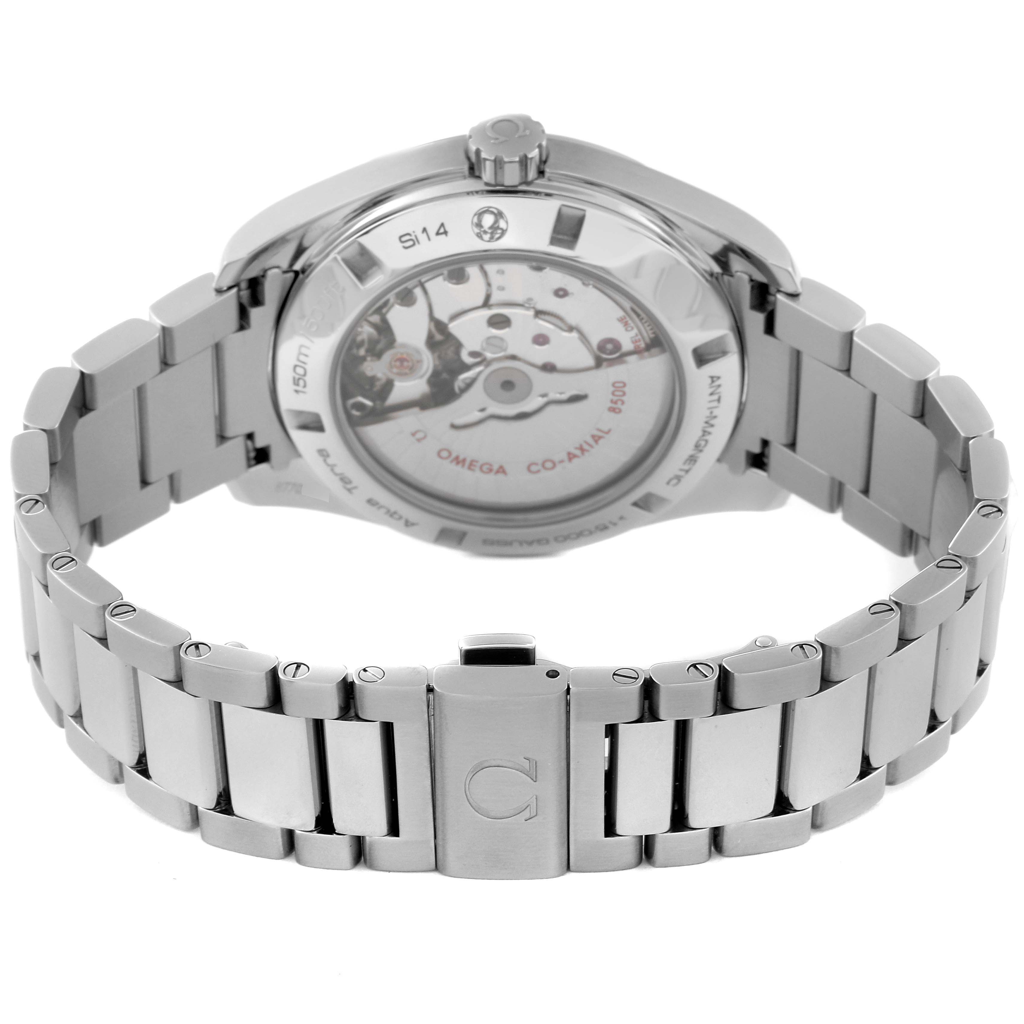 This image shows the back view of the Omega Aqua Terra 231.10.42.21.01.003 Men
s Stainless Steel Black Dial 231.10.42.21.01.003 Men
s Stainless Steel Black Dial watch, highlighting its mechanism and metal bracelet.