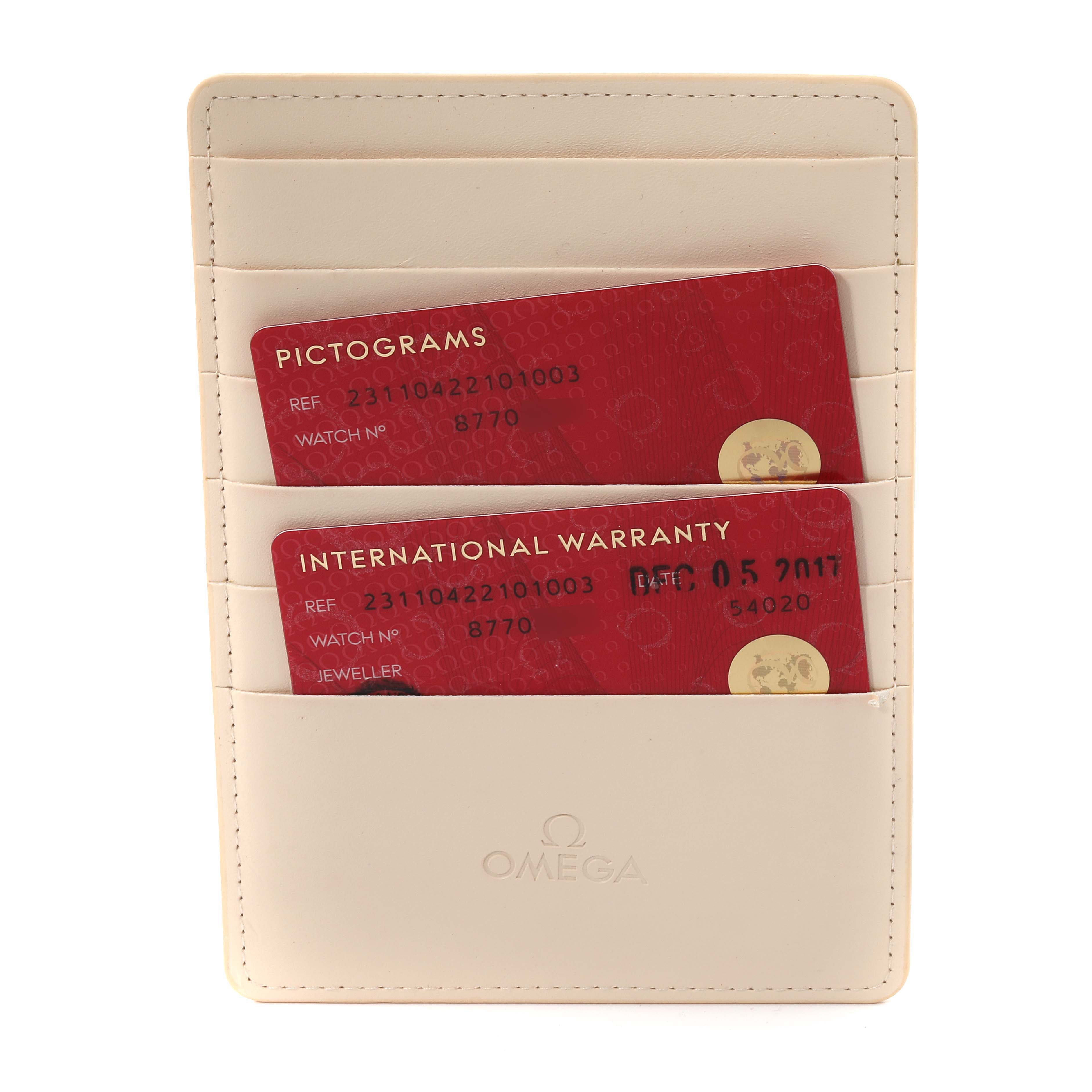 This image shows the warranty and pictogram cards for an Omega Aqua Terra 231.10.42.21.01.003 Men
s Stainless Steel Black Dial 231.10.42.21.01.003 Men
s Stainless Steel Black Dial watch, displayed in a beige cardholder.