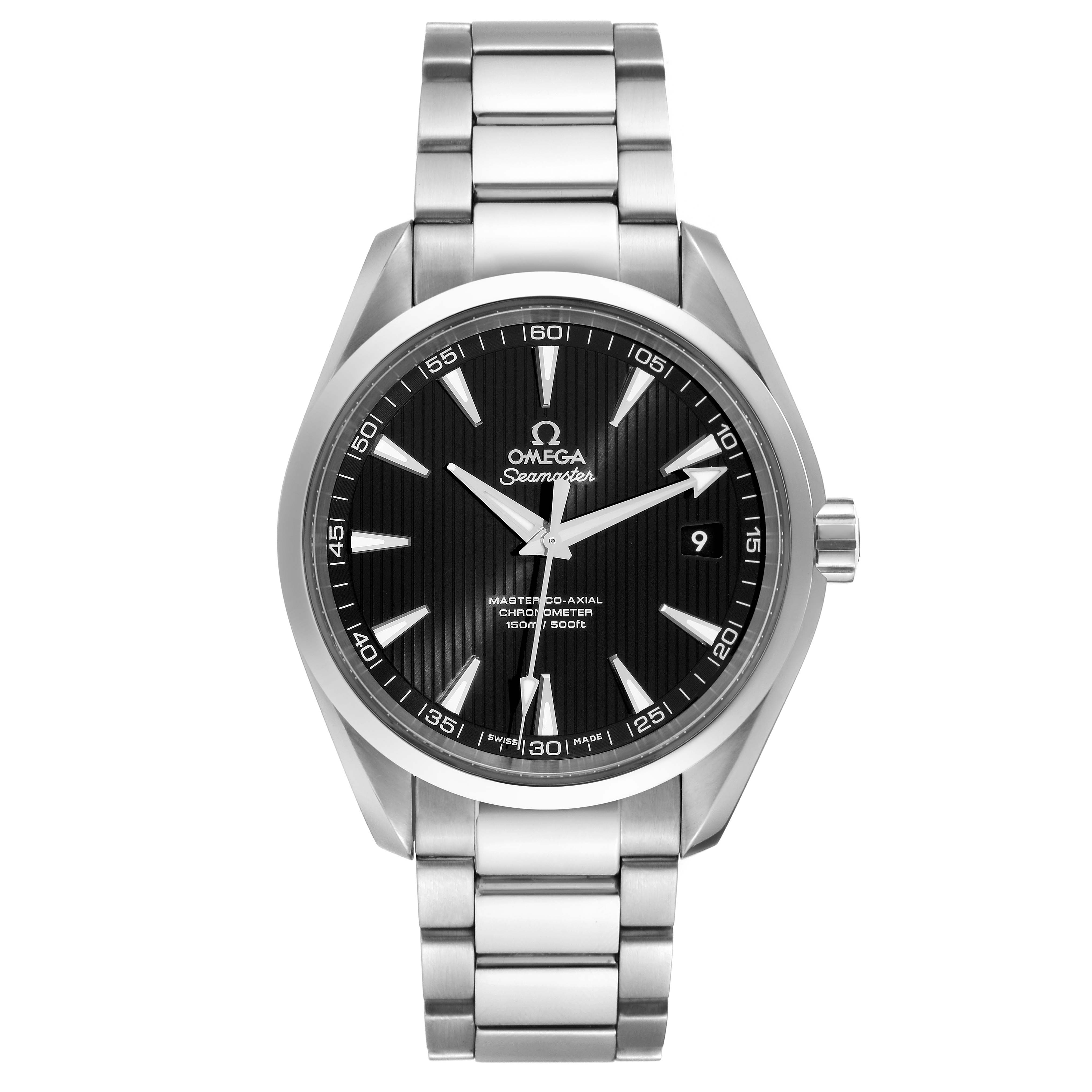 The image shows a front view of an Omega Aqua Terra 231.10.42.21.01.003 Men
s Stainless Steel Black Dial 231.10.42.21.01.003 Men
s Stainless Steel Black Dial watch, displaying the face, bezel, and bracelet.